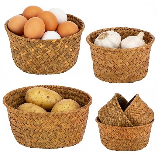 3 Set Small Seagrass Woven Storage Baskets, Natural Woven Round Basket Bin for Farmhouse Kitchen Countertop Pantry Shelf Organization, Stackable Mini Fruit Vegetable Holder