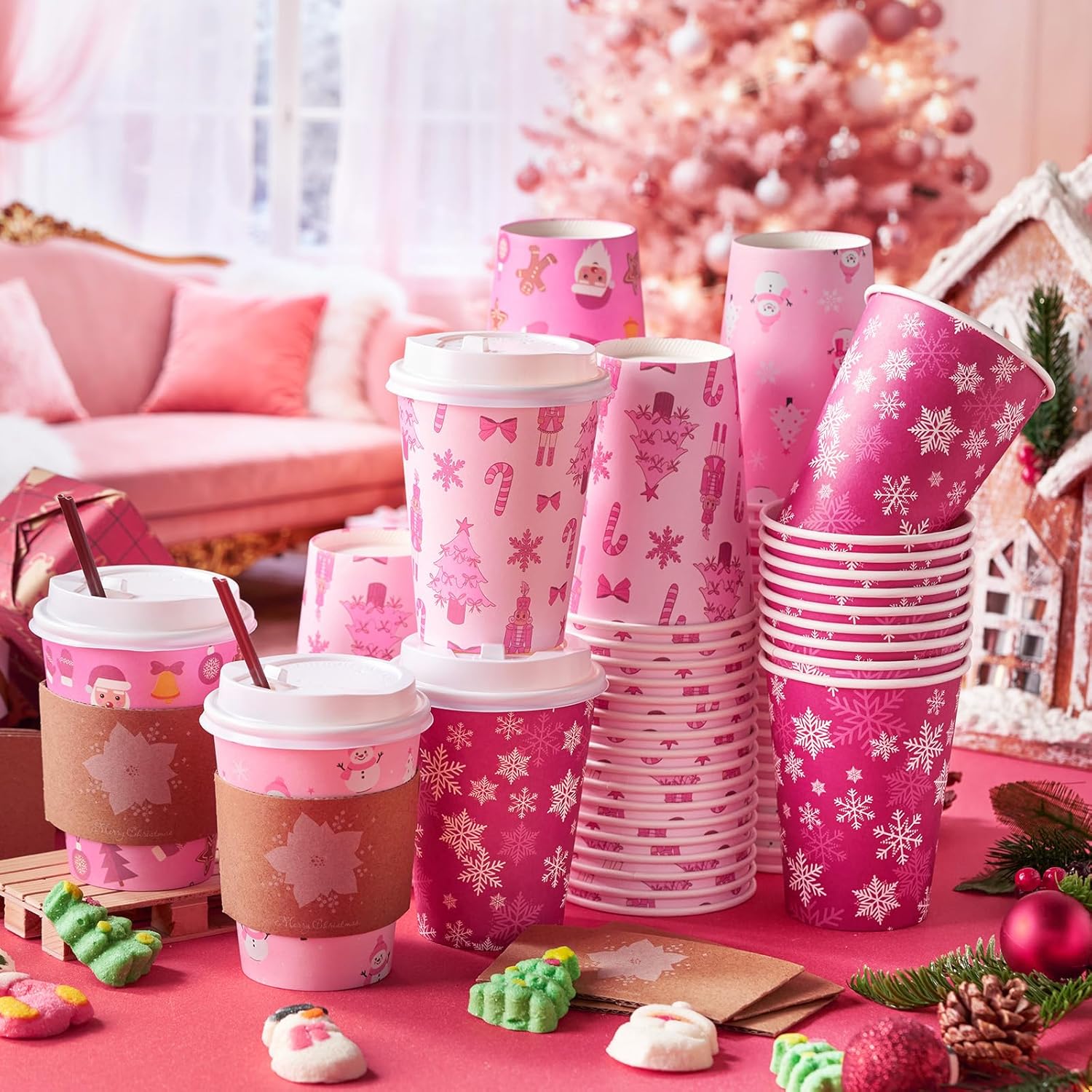 Lallisa 100 Sets Pink Christmas Disposable Coffee Paper Cups Bulk with Lids Sleeves & Straws, 12 oz Xmas Snowman Snowflake Coffee Cups for Hot Cold Cocoa Tea Holiday Party Supplies