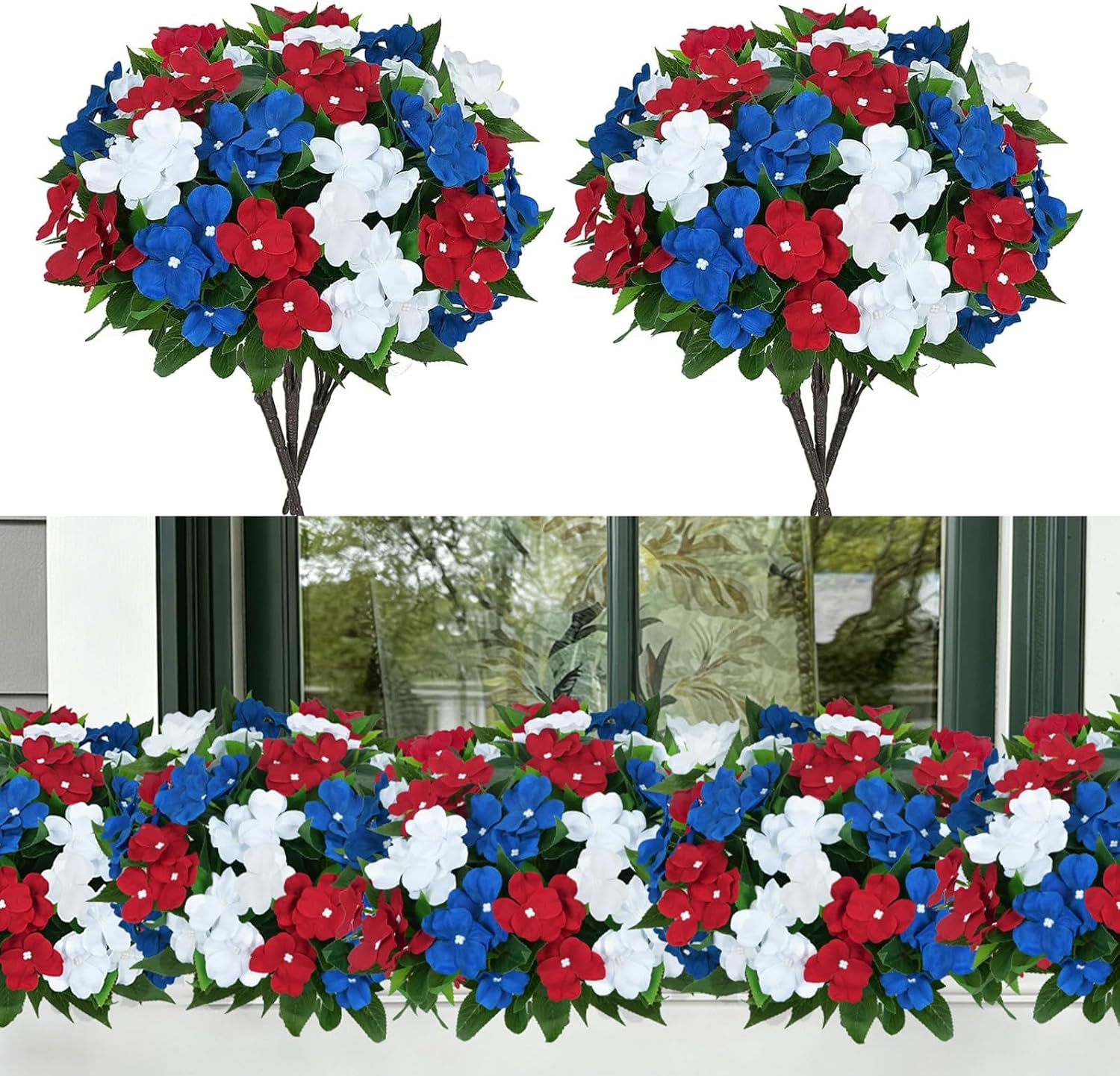 6 Bundles Red White Blue Artificial Outdoor Flowers, UV Resistant Silk Fake Impatients Bouquets Memorial Day Flowers for Cemetery Outdoor Porch Garden Decoration