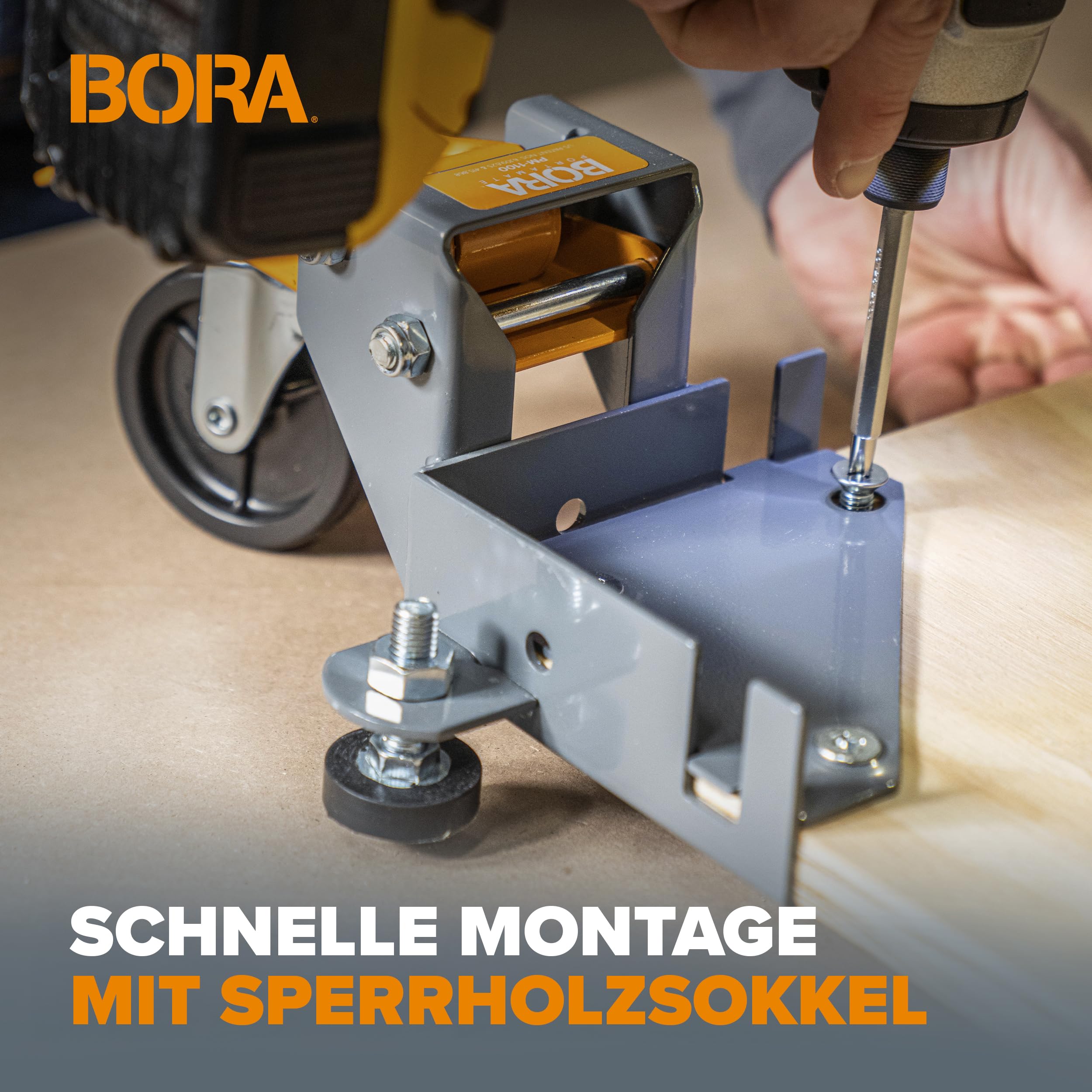 BORA Mobile Basis Set PM-1100 – Universelles Rollset, 180 kg Tragkraft, für Tischkreissäge, Bandsäge & Holzbearbeitungsmaschinen, Orange/Grau
