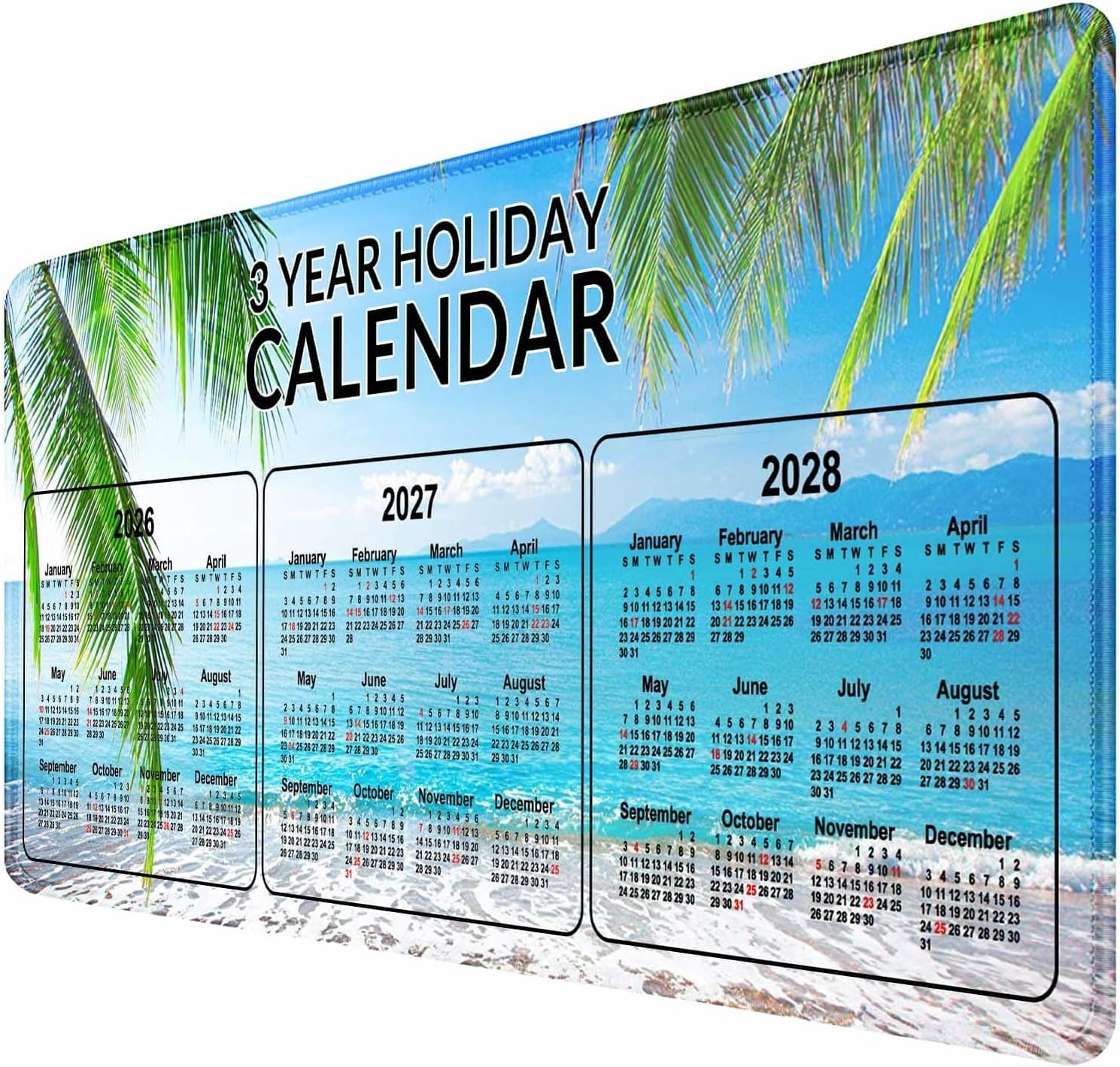 2026-2027-2028 Calendar Mouse Pad with Stitched Edge,Large Gaming Mousepad for Computer Desk Pad Mat,New Year Office Accessories (31.5 X 13.8 Inch) - Beach image 2