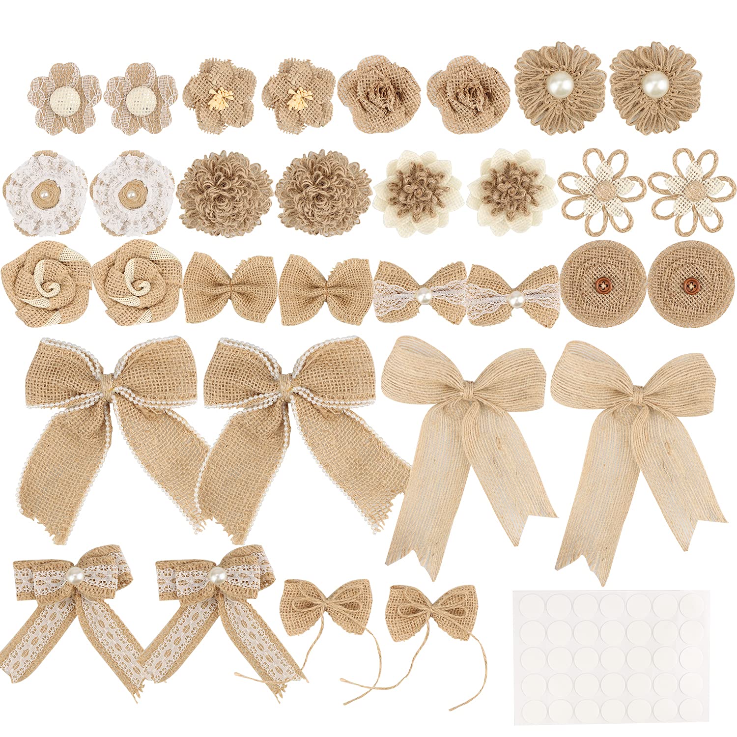 32 Pack Burlap Flowers and Burlap Bows Set Lace Flowers Lace Bowknot and Craft Burlap, Rustic Pearl Burlap Flowers with Glue Point for DIY Crafts Wedding Party Decor Embellishment, Christmas