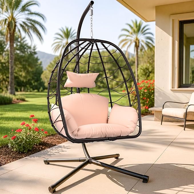 ZZW Egg Chair with Stand Outdoor Ratten Wicker Hanging Egg Chair Outdoor Indoor with Thickened Cushion Swing Chair Hammock for Patio Apartment Bedroom Garden Balcony (Brown Wicker+Khaki Cushion) product photo