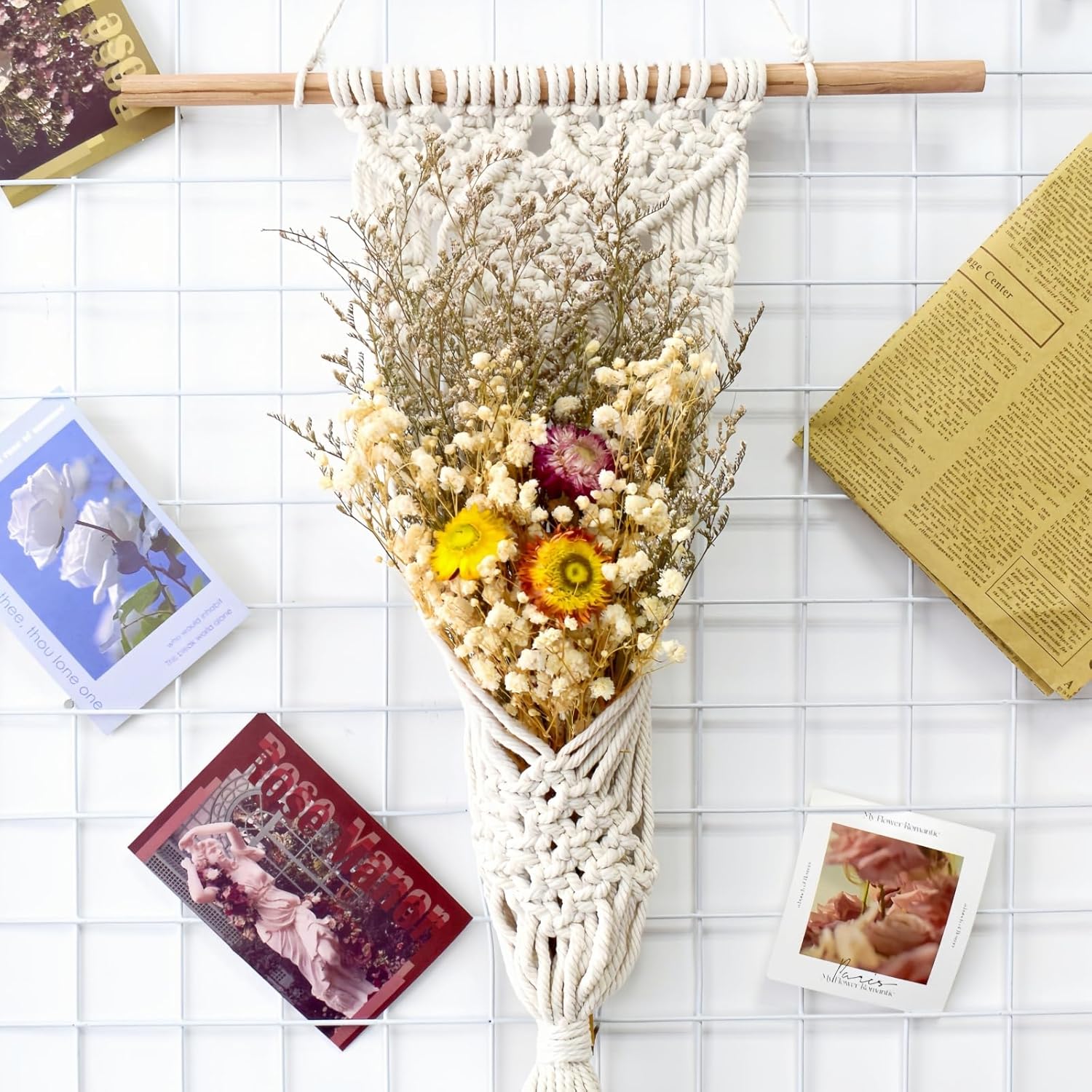 Boho Macrame Wall Decor with Dried Flowers,Natural Dried Chrysanthemum in Tapestry Wall Hanging,Flowers Bouquet Hanging Plants for Home Bedroom Living Room College Classroom Nursery Bedroom Craft