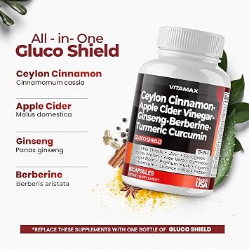 Ceylon Cinnamon, Apple Cider Vinegar, Turmeric - Gluco Health Support - Panax Ginseng, Berberine, Bitter Melon Milk Thistle Fenugreek - Non GMO Made in USA 60ct