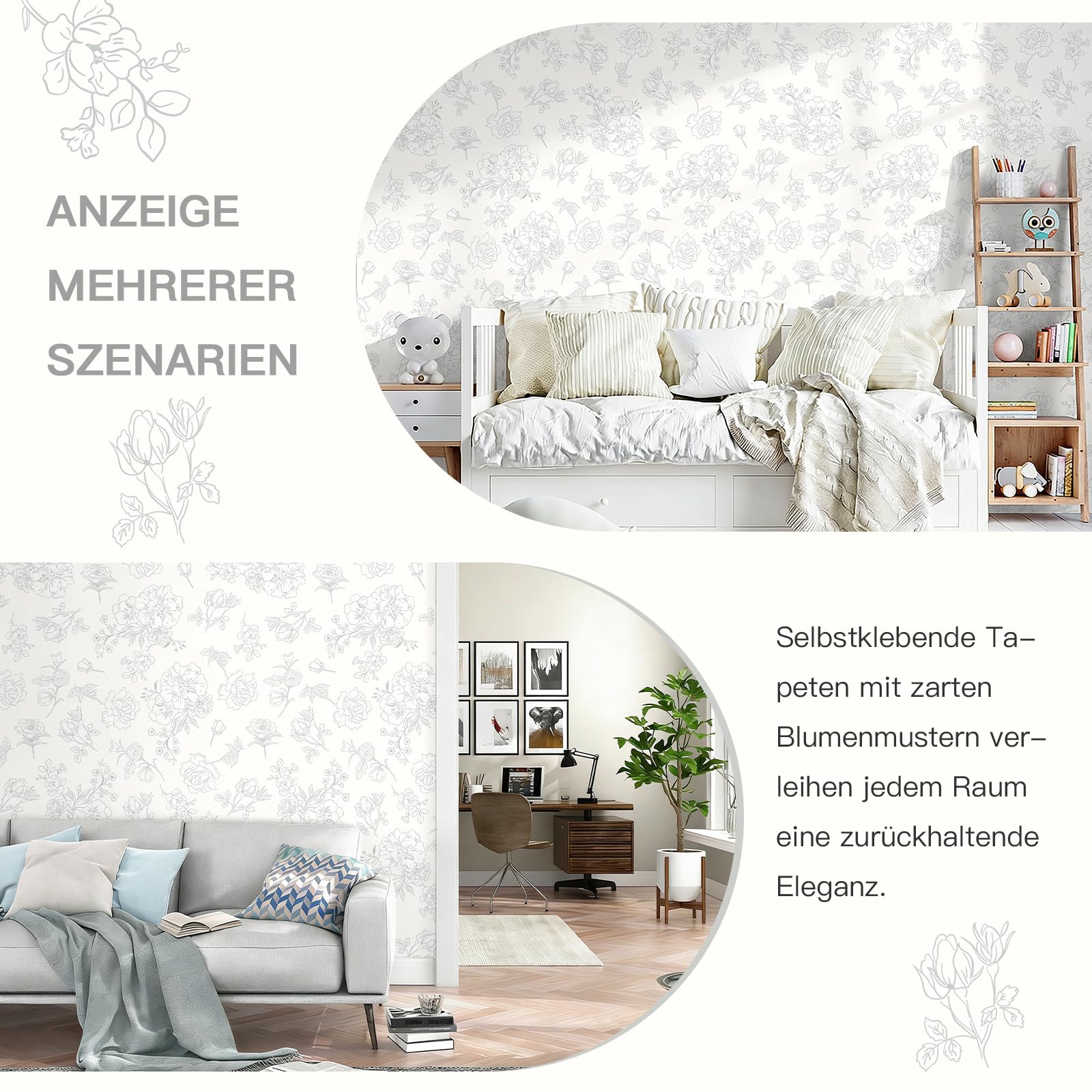 Folia do mebli w stylu vintage, tapeta kwiatowa, biała i szara, tapeta samoprzylepna, 44 x 1000 cm, samoprzylepna tapeta do szuflad, sypialni, salonu, strukturalna, zdejmowana, wodoodporna
