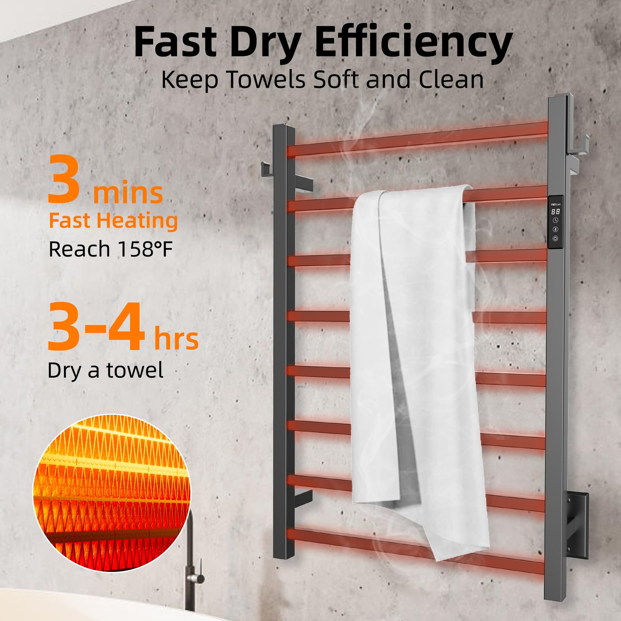 P&Bhusri Heated Towel Rack, 8-Bar Towel Warmer Rack for Bathroom, Wall Mounted Towel Warmer, Electric Towel Drying Rack with Timer, Stainless Steel Matte Black, Plug-in/Hard-Wired