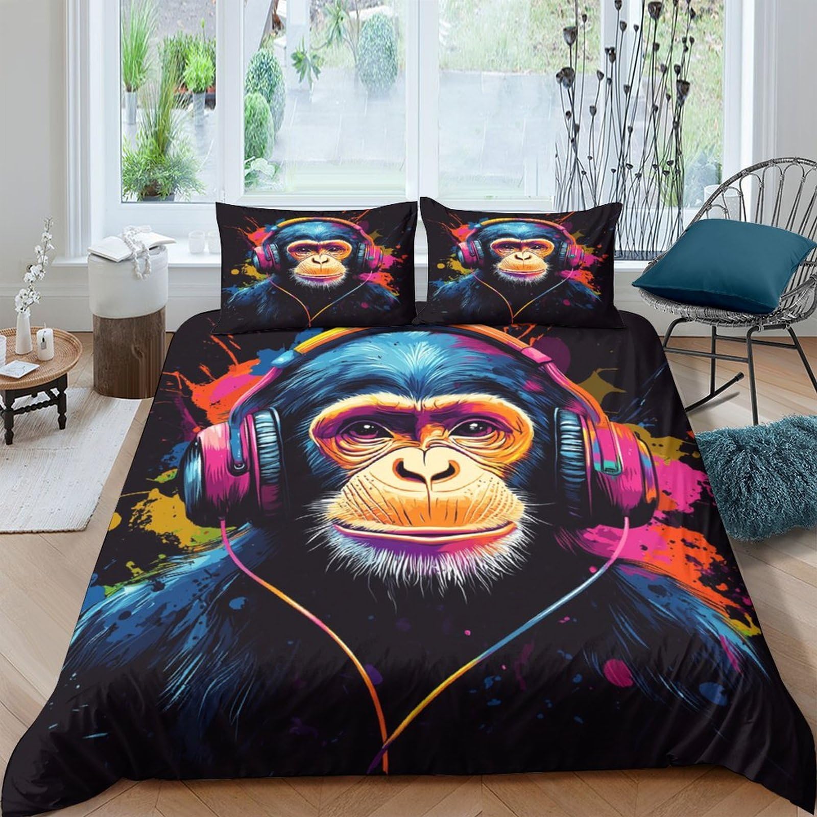 Ctjqhvkz Style-9 3D Printed Headphone Monkey Fitted Sheet Microfiber Soft Anti-Slip Art Graffiti Mattress Cover For Bedroom Dorm Decor Single（135X200cm）