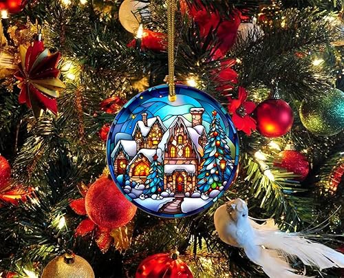 Miniatura 3 de Adorno colgante de Navidad para decoración de árbol de Navidad, adorno de cerámica en patrones de vitrales, recuerdo de cerámica para decoraciones