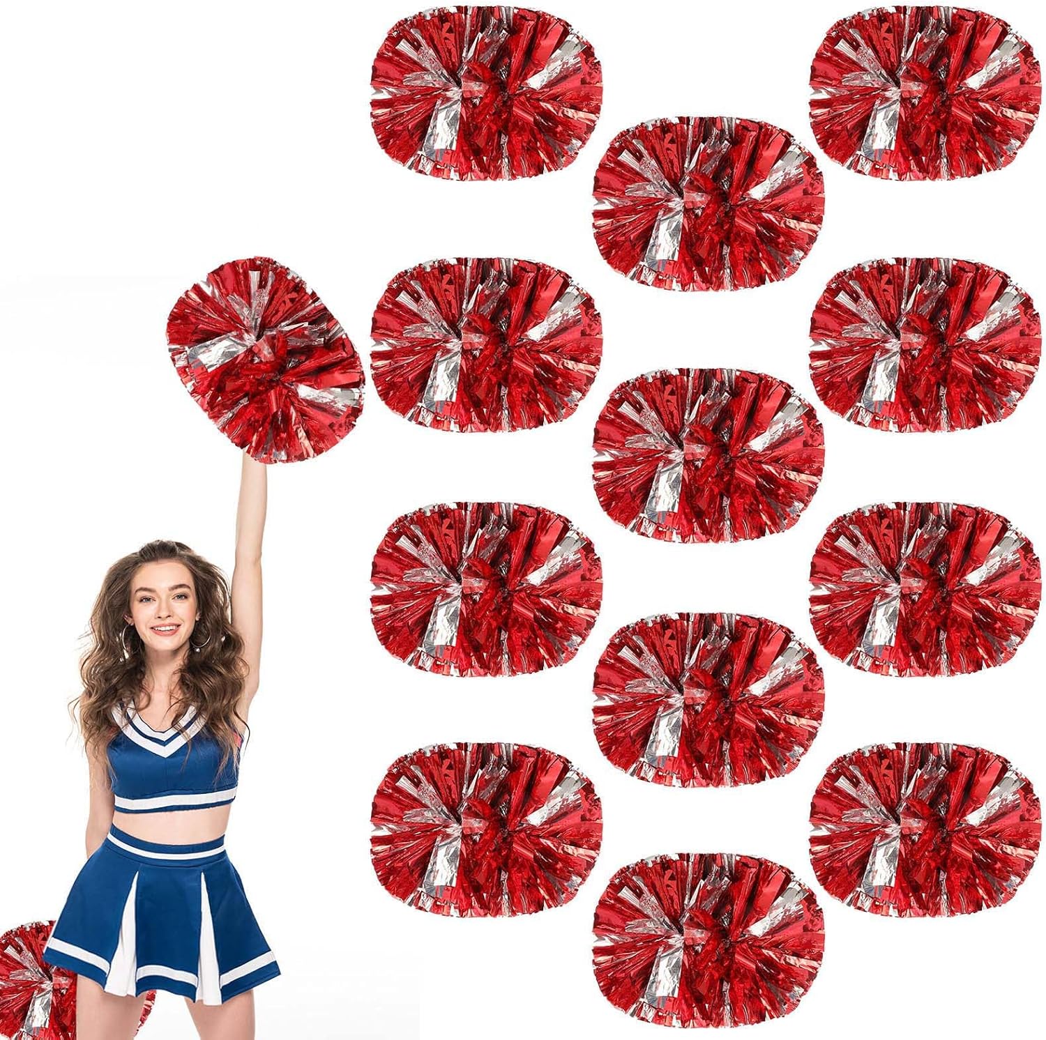 Cheerleader Pom Poms 12 Pack Sports Dance Cheering Plastic Metallic Cheerleading Pom Poms for Kids Adults-Handle (Silvery)