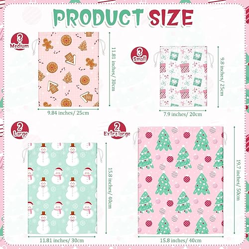 Miniatura 2 de Clysee 10 bolsas de regalo de tela rosa de Navidad con cordones, bolsas de almacenamiento para calcetines de Navidad, grandes, medianas y pequeñas,