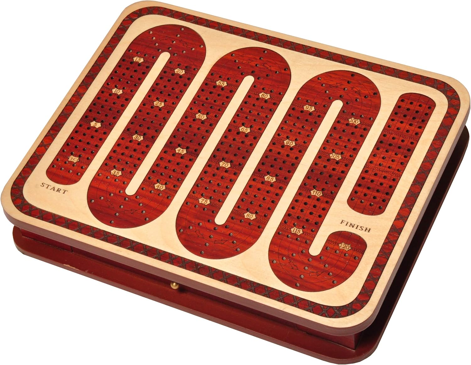 PALM ROYAL HANDICRAFTS Zig Zag Track - 4 Track Continuous Wooden Cribbage Board Game Set Made of Bloodwood and Maplewood with Pegs and 2 Cards (10 inches)