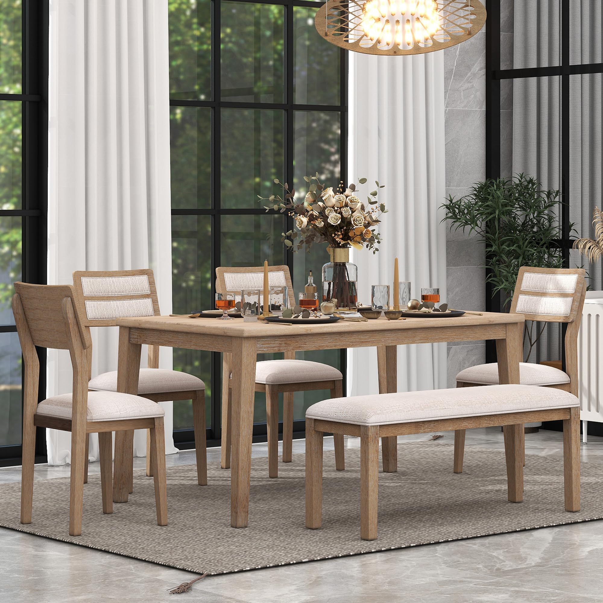RITSU Classic and Traditional Style 6-Piece Dining Set, Includes 1 Table, 4 Upholstered Chairs & Bench, Easy to Assemble, for Living, Guest Room, Home Bar and Kitchen, Natural Wood Wash