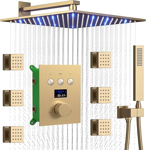 Sistema de ducha termostático dorado cepillado, juego de grifo de ducha LED de lluvia de 12 pulgadas, sistema de cabezal de ducha de cuerpo completo