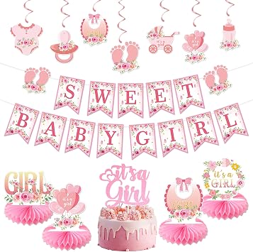 Vlipoeasn Floral Baby Shower Decorations for Girl, Pink Baby in Bloom Baby Shower Supplies, Its a Girl Cake Topper, Cute Honeycomb, Hanging Swirl Flag, Sweet Baby Girl Shower Decor