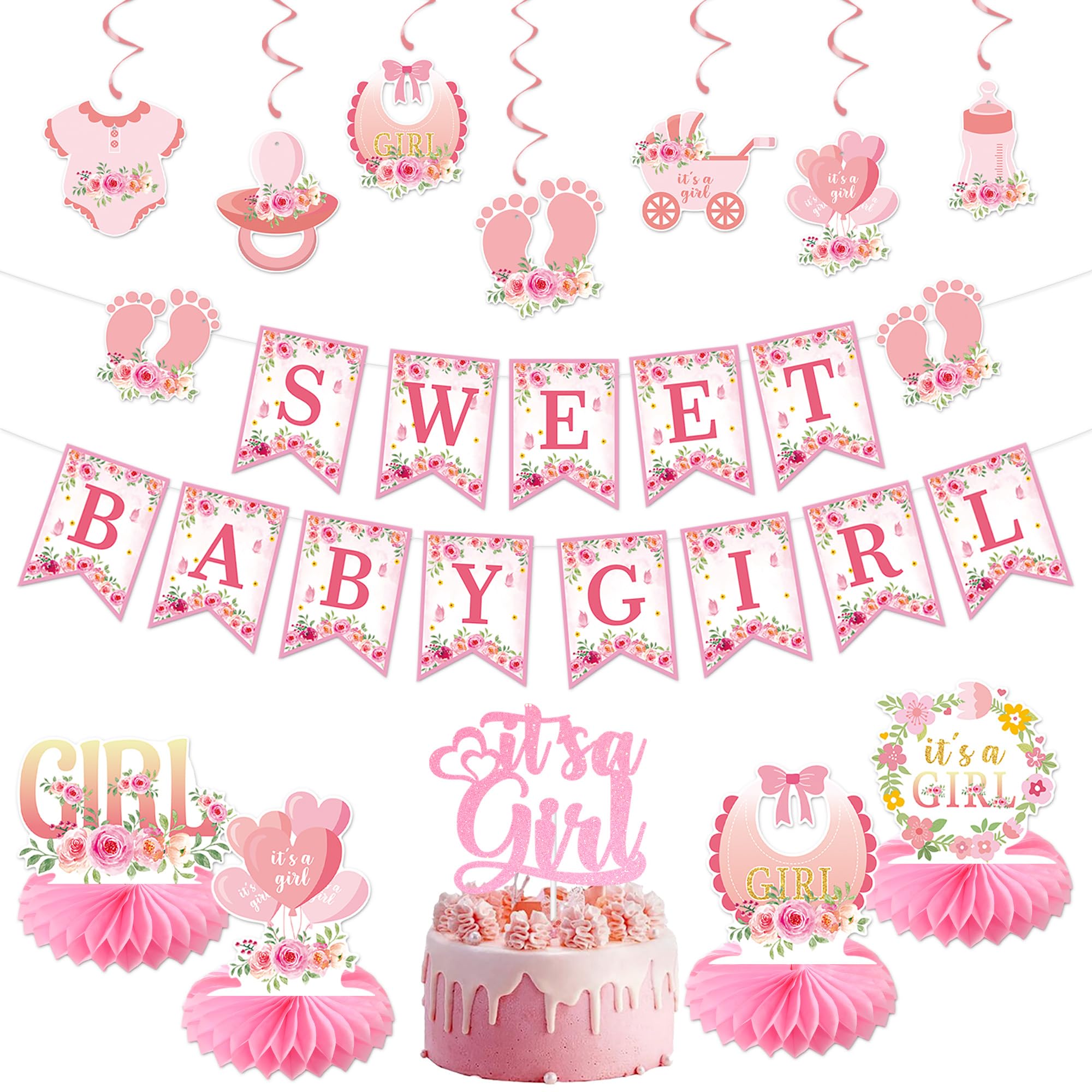 Vlipoeasn Floral Baby Shower Decorations for Girl, Pink Baby in Bloom Baby Shower Supplies, It's a Girl Cake Topper, Cute Honeycomb, Hanging Swirl Flag, Sweet Baby Girl Shower Decor