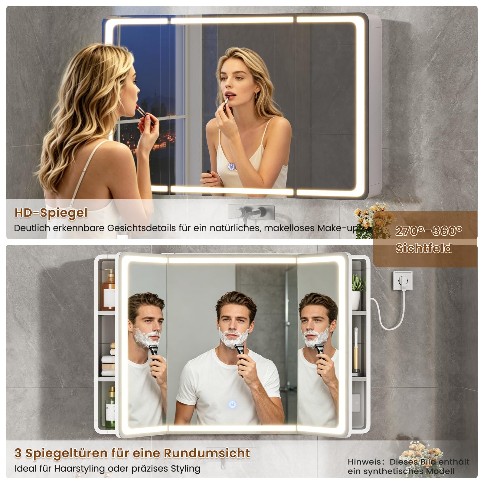 Spiegelschrank Bad 90 x 60 x 16 mit LED-Beleuchtung, Steckdose & 9 Fächer