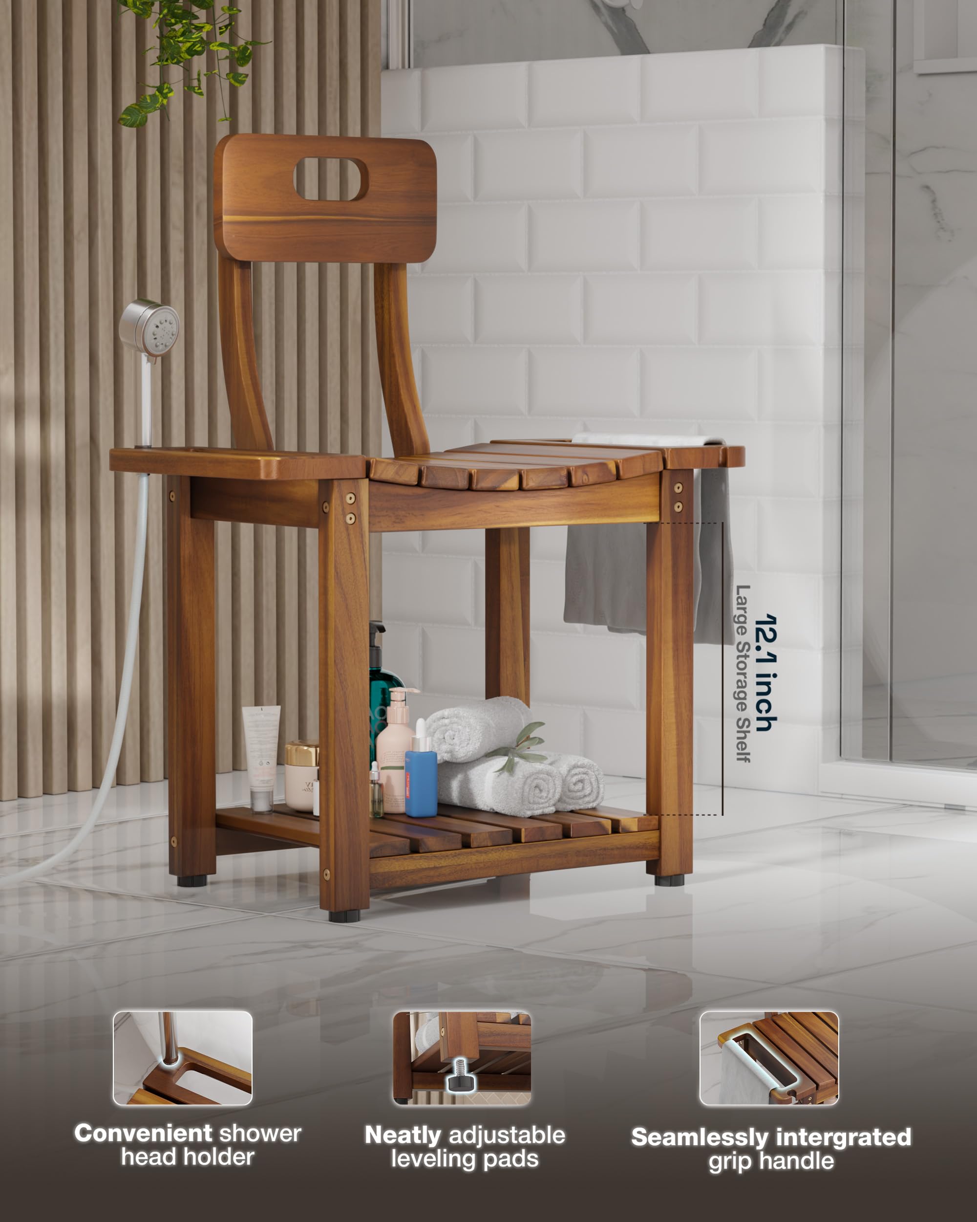 BLUEWEST Silla de ducha de 23.4 pulgadas con respaldo para ducha o bañera interior, soporta hasta 450 libras, diseño resistente con asas integradas, pies antideslizantes, estante inferior de