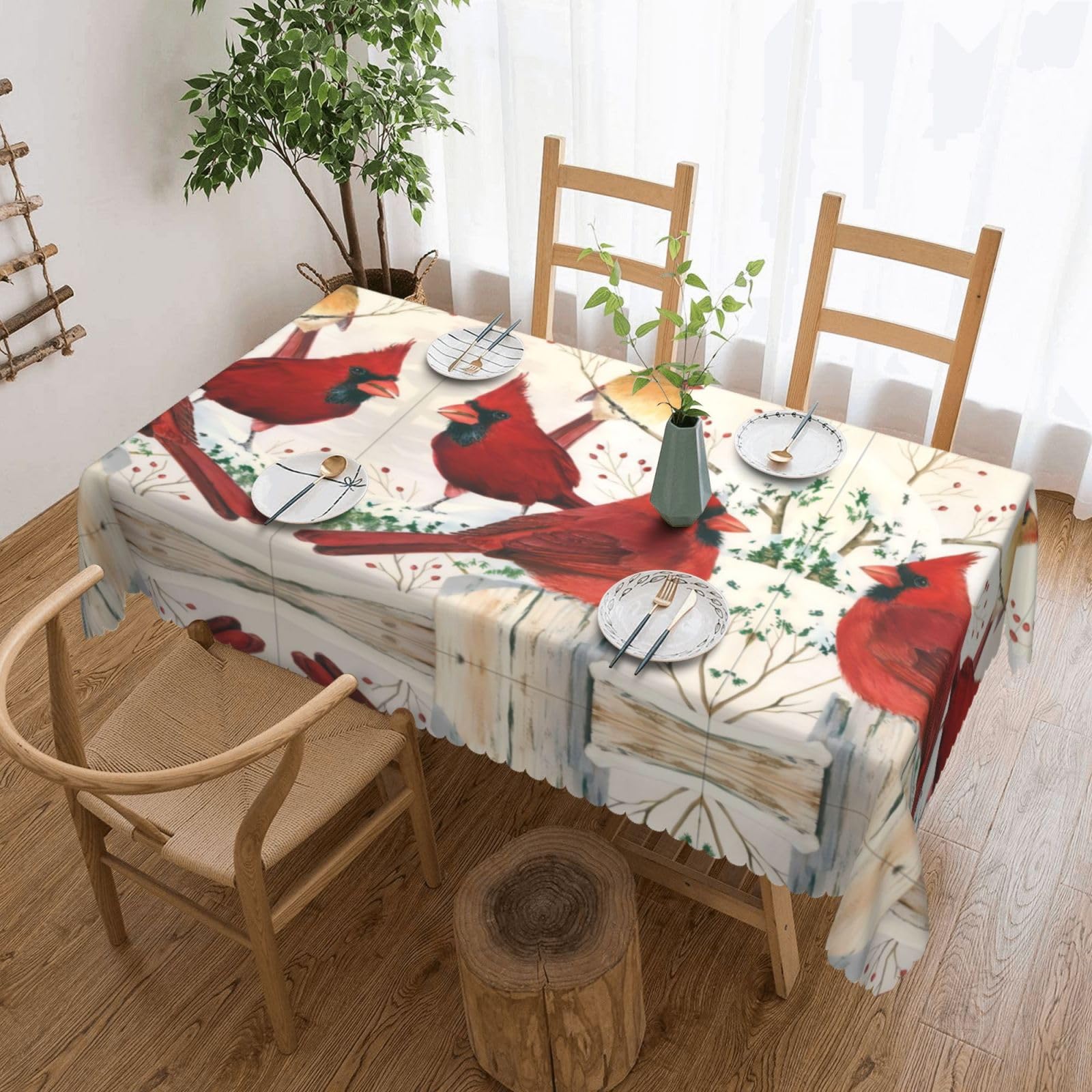 QAZWZML Red birds Printed tablecloth, made of thick polyester with lace trim, suitable for dining rooms, picnics, and weddings