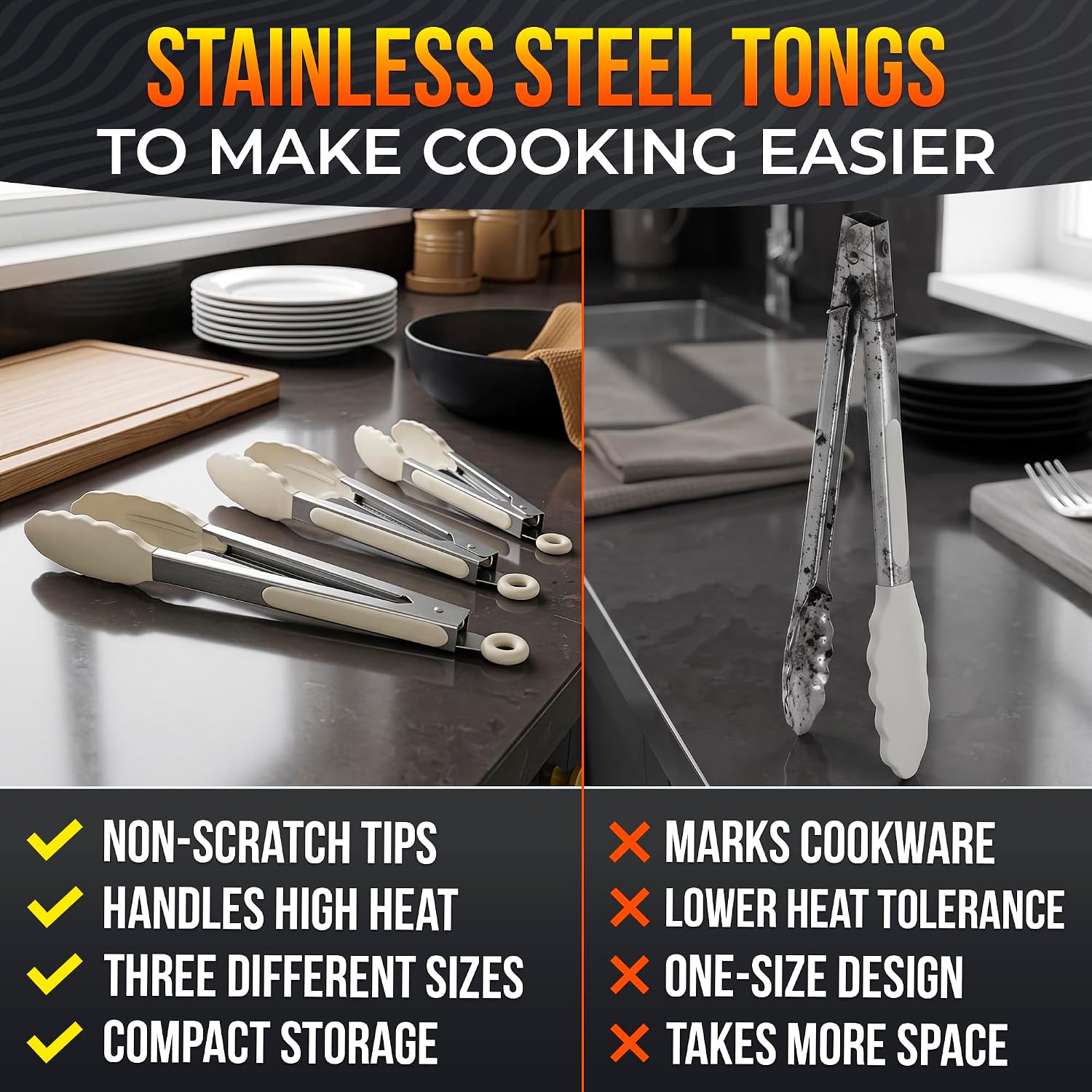 Kitchen Tongs Set of 3, 7/9/12 in, Stainless Steel (Beige)