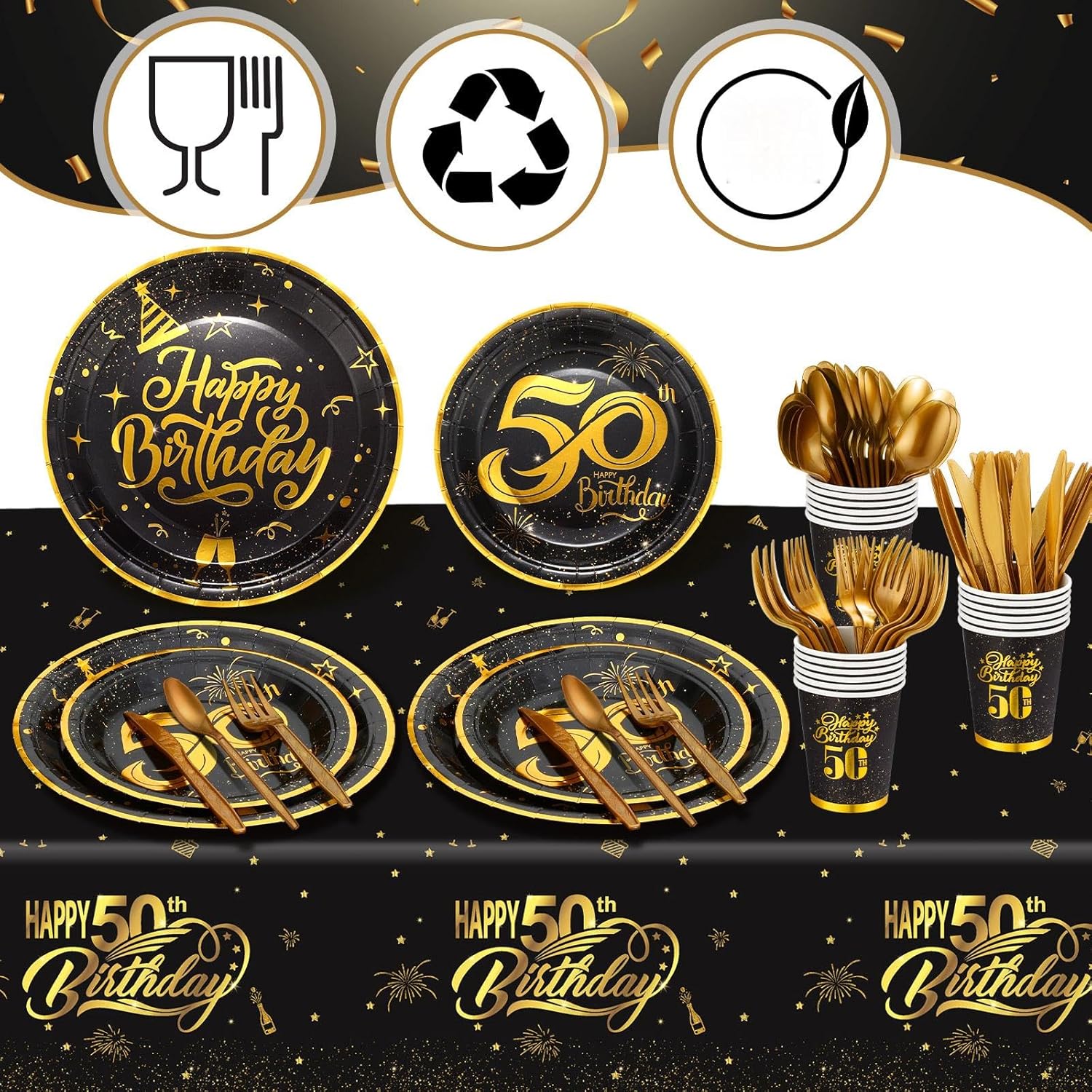 Yaomiao 146 Pcs 50th Birthday Party Decorations 50th Birthday Plates Disposable Tablecloth, Paper Cup, Plates Set for 24 Guests Women Men Party Supplies
