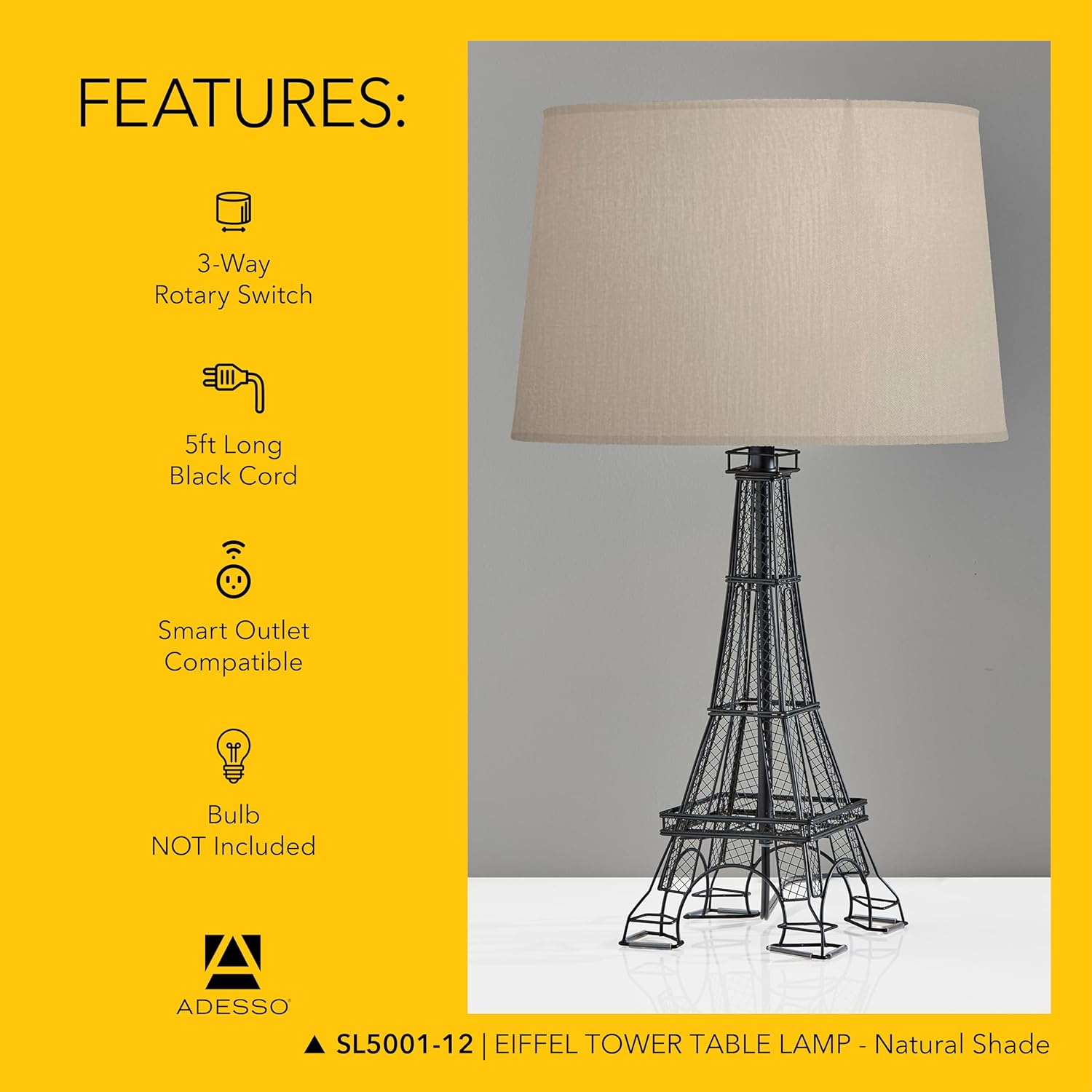 SIMPLEE ADESSO Eiffel Tower Incandescent Table Lamp, Black/Natural (SL5001-12)