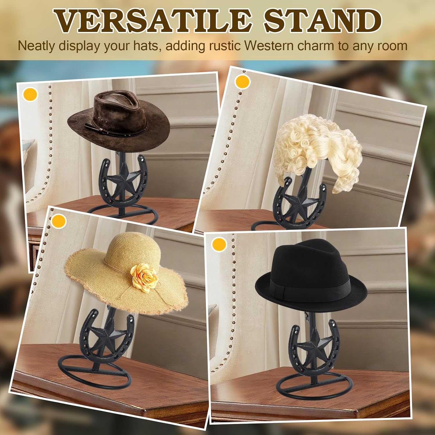 4 Pcs Adjustable Height Cowboy Hat Stand Western Cowboy Hat Display Holder Metal Western Star Horseshoe Decor Black Cowboys Gifts for Men Tabletop Fedora Sun Straw Hats