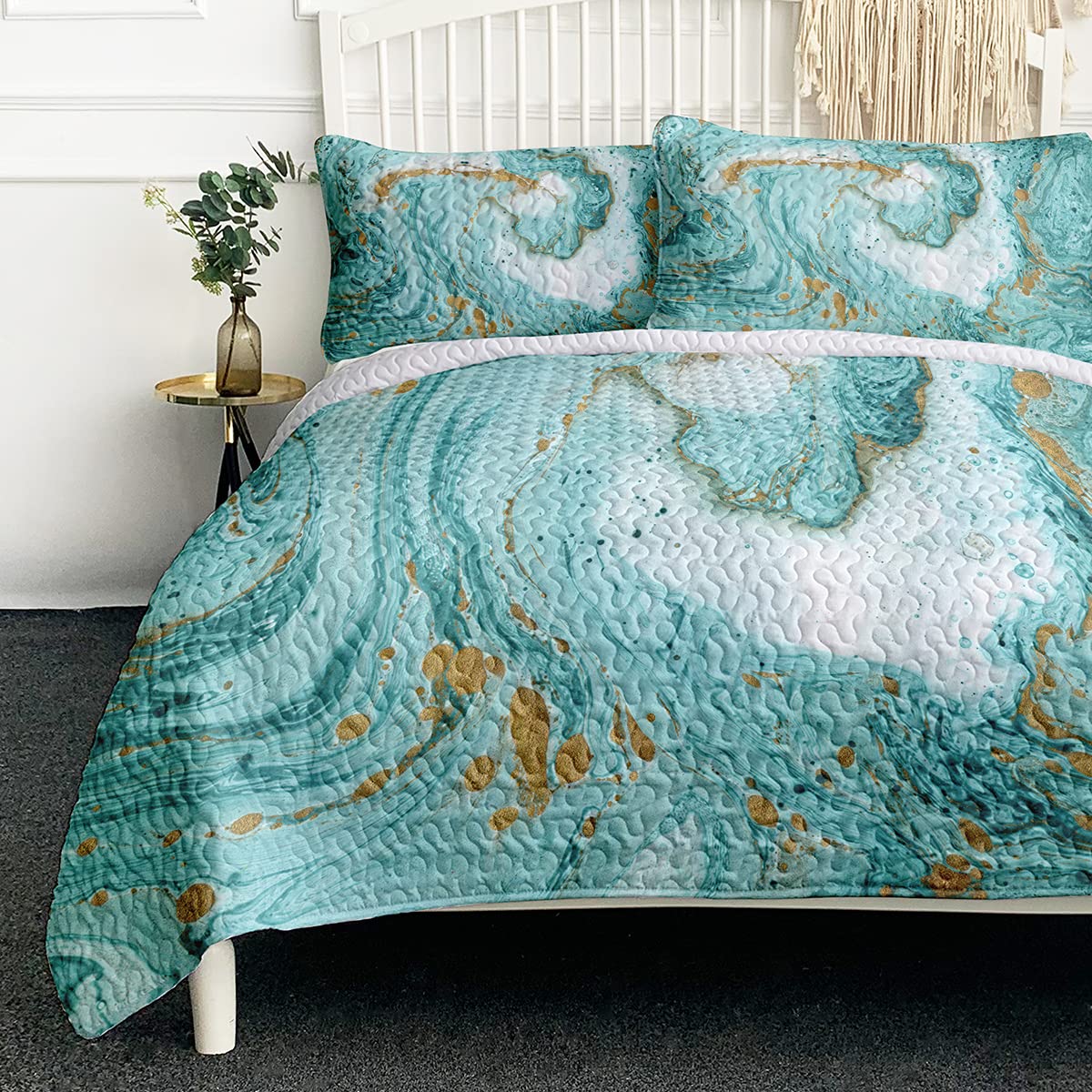 BlessLiving 3 Piece Chic Quilt Set Mint Gold Glitter Turquoise Marble Twin Size Coverlet Bedspread Summer Comforter Set Bed Cover for Girls Women (68