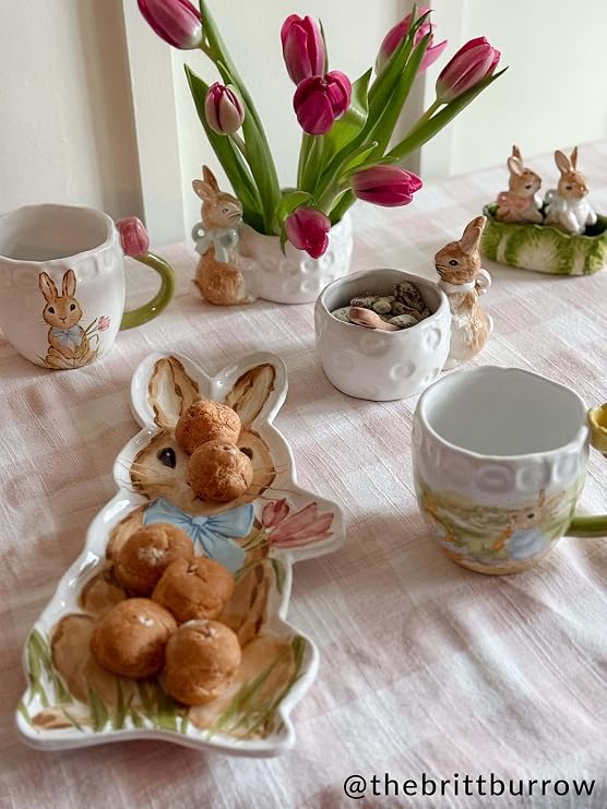 Mud Pie Stoneware Easter Bunny Mug with Figural Pink Tulip Handle