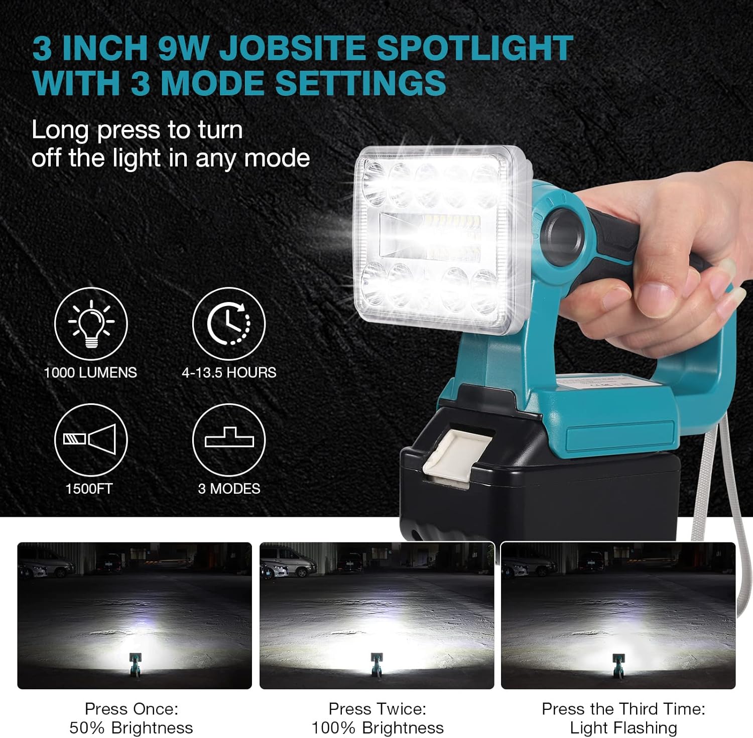 Hiesuan 9W 1000LM Handheld Flashlight Cordless LED Work Light Powered by Makita 14.4-18V LXT Li-Ion Batteries BL1830 BL1840 BL1850 Rechargeable Outdoor Jobsite Light 90° Rotating - - 