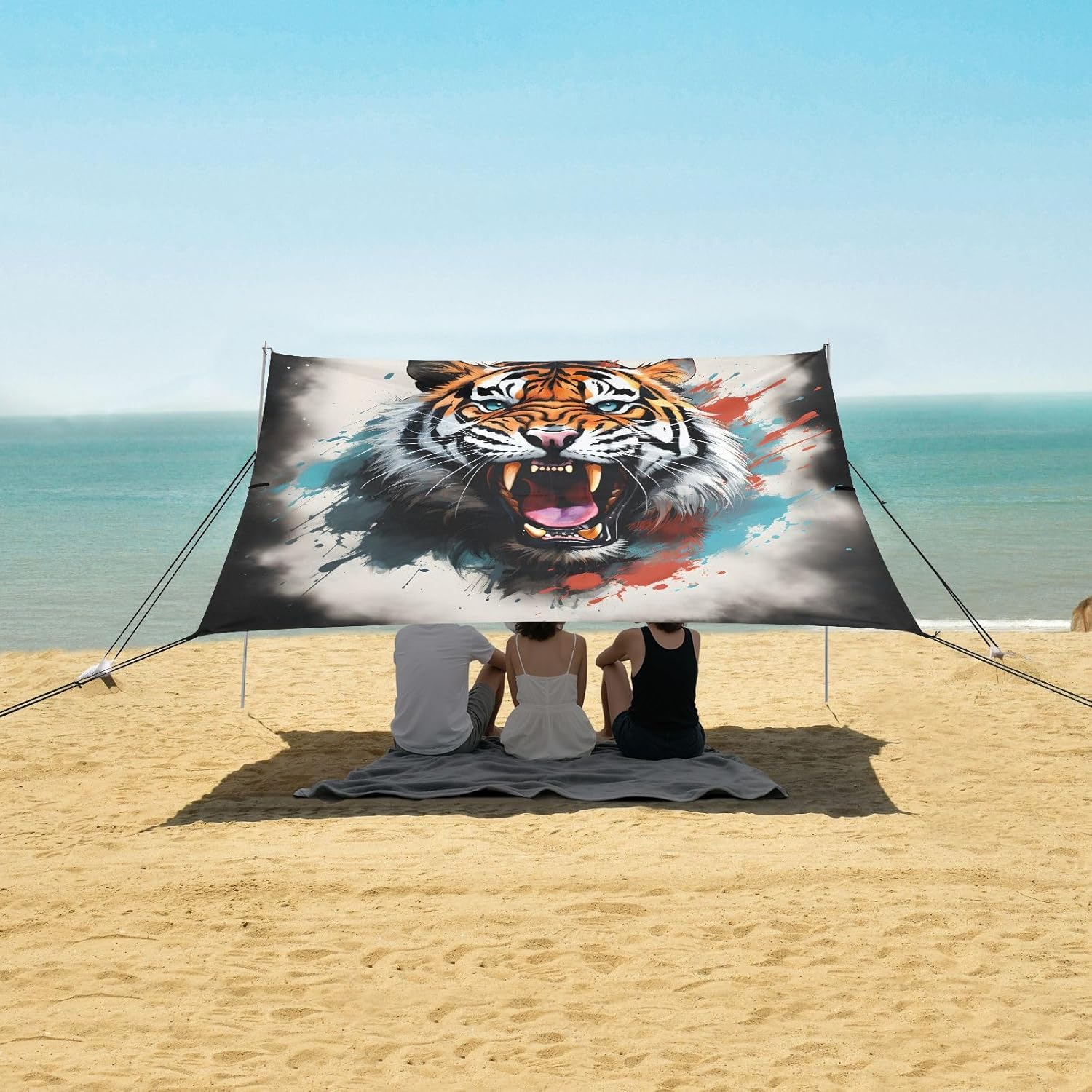 ALAZA Roaring Tiger Watercolor Beach Tent Sun Shelter UPF50+ Protection Beach Shade Canopy w/ 4 Sandbags for Outdoor Camping, Fishing, Backyard Fun, Picnic, 10x9 ft