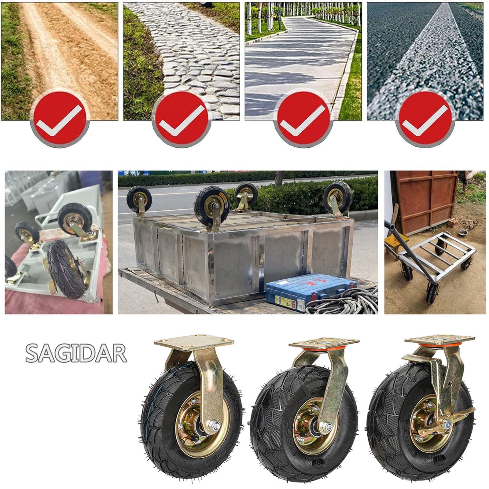 SAGIDAR Lenkrolle Luftrad, 2 Stück Geräuschlose Schwerlast Rollen, Luftreifen Gummi Rollen Ø 200/250mm, Mit Bremse, Schrauben & Metallplatten, Leicht Zu Installieren, Plattformwagen Rad