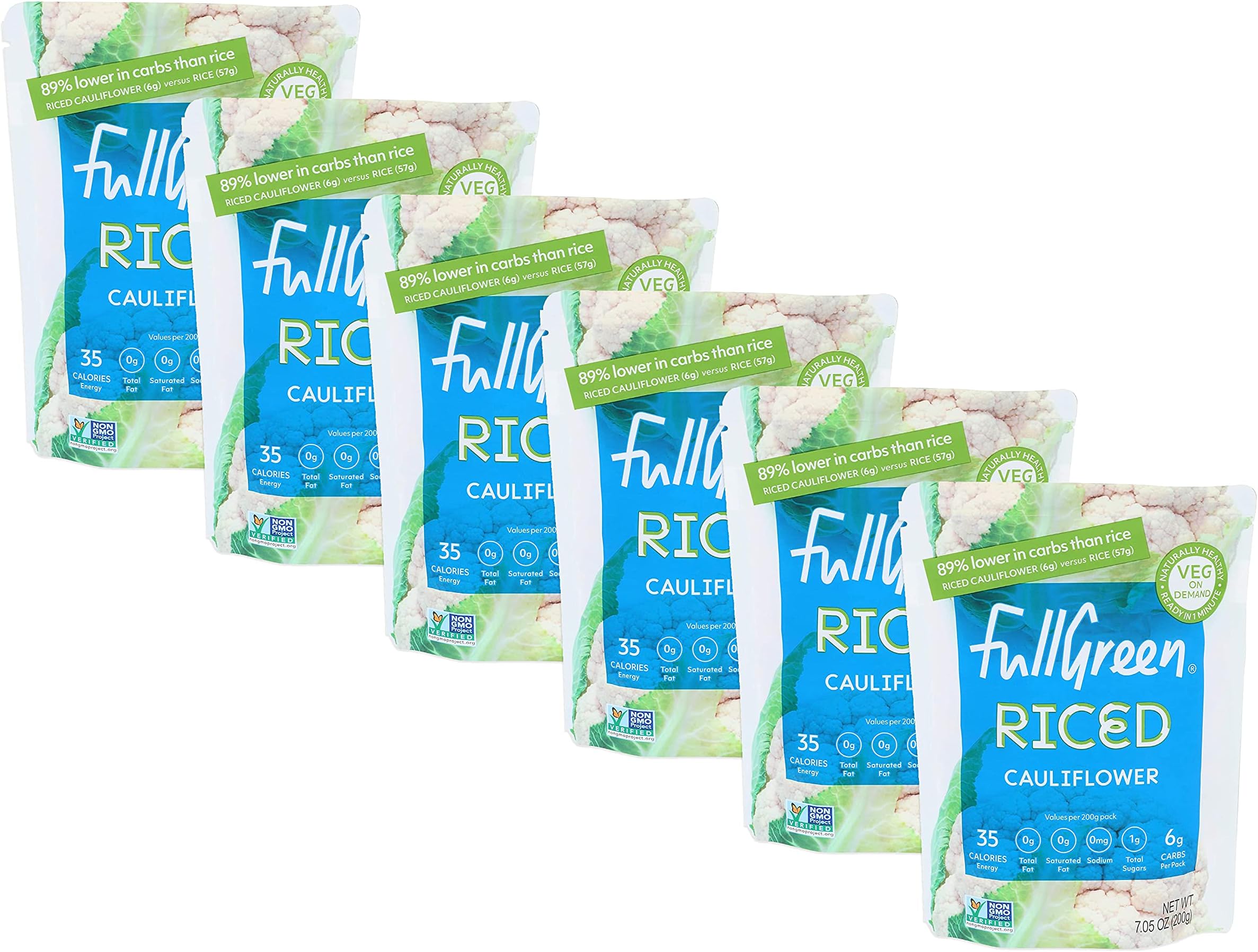 Fullgreen Cauliflower Rice - Low-Carb & Low-Cal Cauliflower Rice - 89% Less Carbs Than Rice - Vegan, Gluten/Grain Free & Non GMO - Heat & Eat in Minutes - Includes 6 Pouches