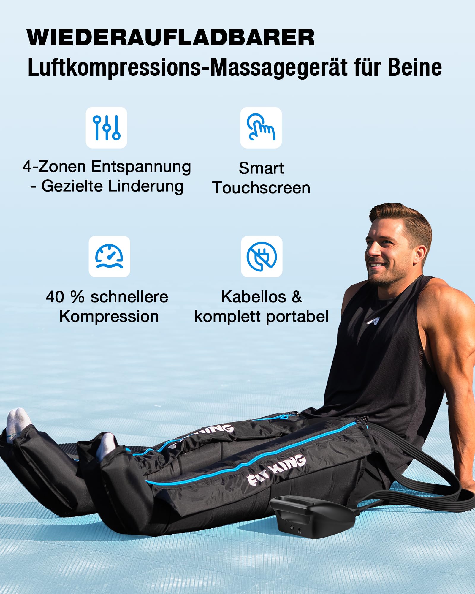 FIT KING Beinmassagegerät, 4-Zonen-Luftkompression, wiederaufladbar (S) | Recovery Boots 12 Intensitäten 3 Modi Fördert die Durchblutung und Muskelregeneration für Sportler und den täglichen Gebrauch