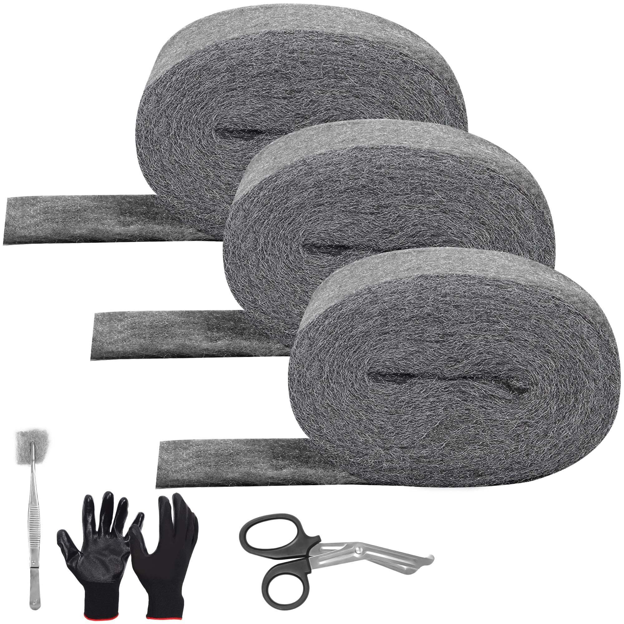 HuiCloud 3 Pack Steel Wool Mice- 0000 Coarse Wire Wool Rodent Control Gaps Blocker,Hole DIY Fill Fabric Kit with Gloves,Scissor and Tweezer for Stop Rats and Mice Insect Pest
