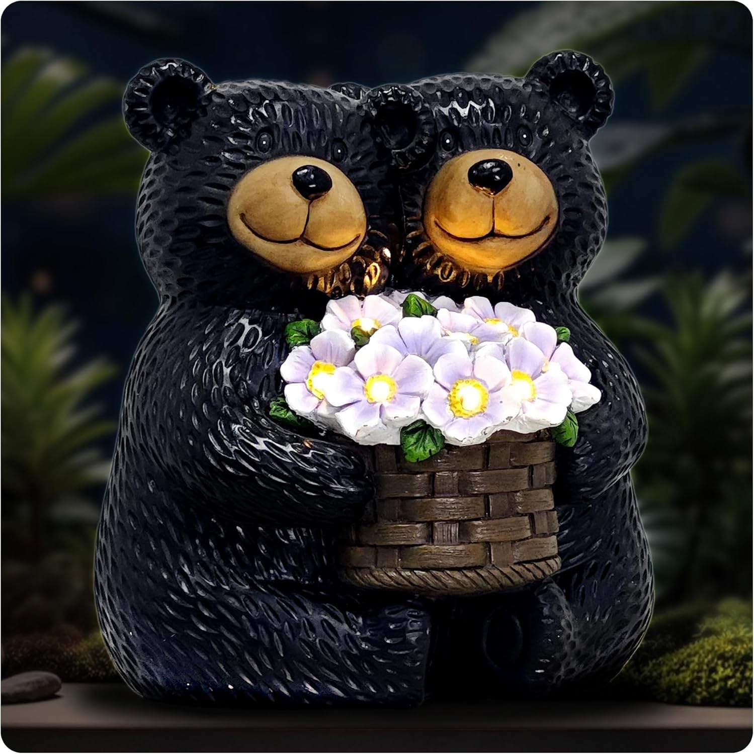 Solar Twins Black Bear Garden Statues with Purple LED Flowers - Resin Outdoors Decor for Patio Lawn Balcony Yard Figurines - Unique Christmas Birthday Gifts for Mom Grandma Wife Sister