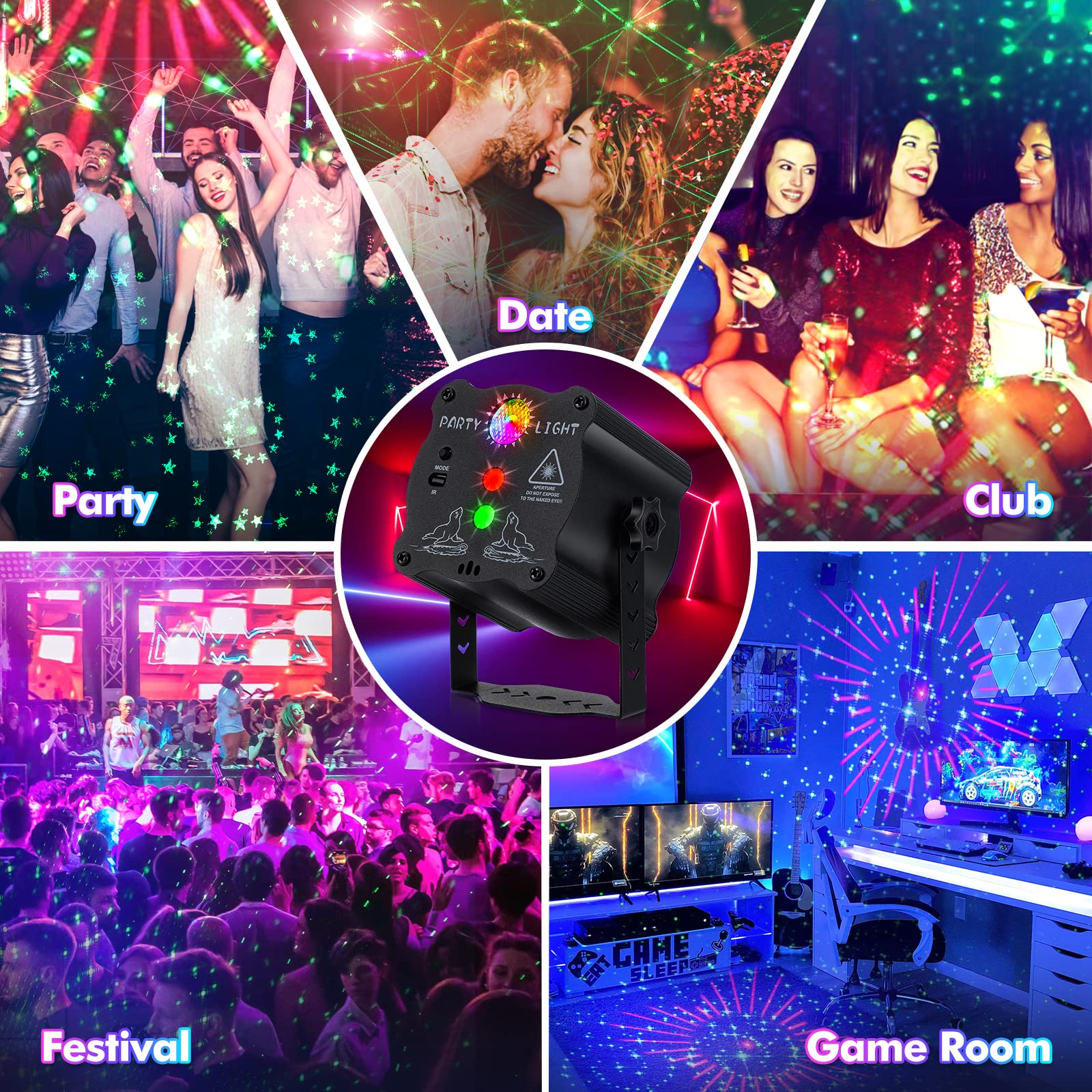 Disco Lights Party Lights, geluid geactiveerde stroboscooplichten podiumeffecten voor thuis, led-dj-licht voor kinderfeestjes, Kerstmis, verjaardag, karaoke KTV-bar, binnenprojector, 60 patronen met