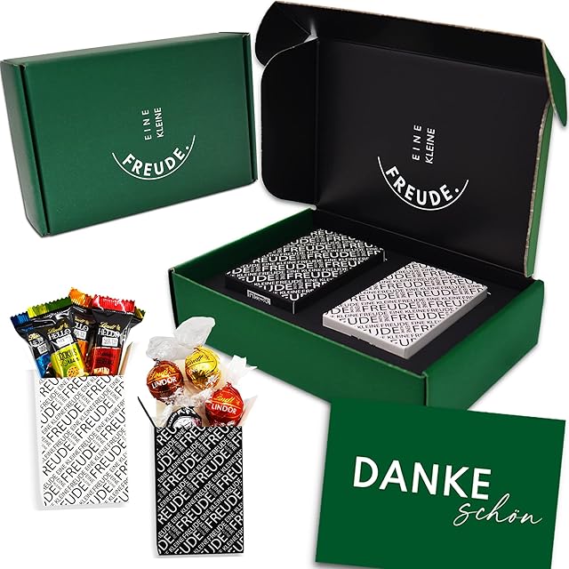 Eine kleine freude. | Jedyne w swoim rodzaju pudełko prezentowe "Dankeschön" z najdelikatniejszą czekoladą Lindt, pralinkami Hello i kartką z życzeniami