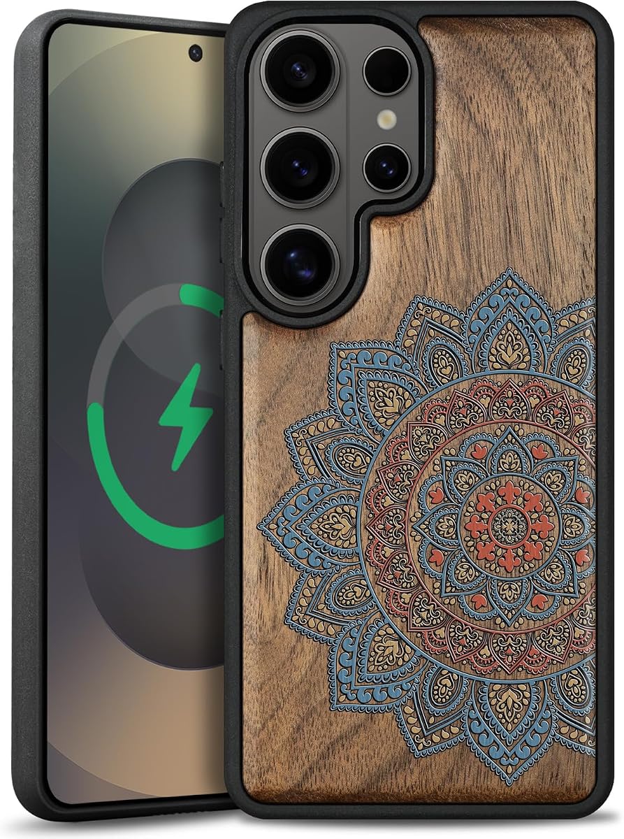 Funda magnética para Samsung Galaxy S26 Ultra, nogal - Mandala Harmony | Compatible con carga inalámbrica MagSafe, cubierta de madera natural y funda de teléfono de TPU a prueba de golpes, estilo dibujado a mano