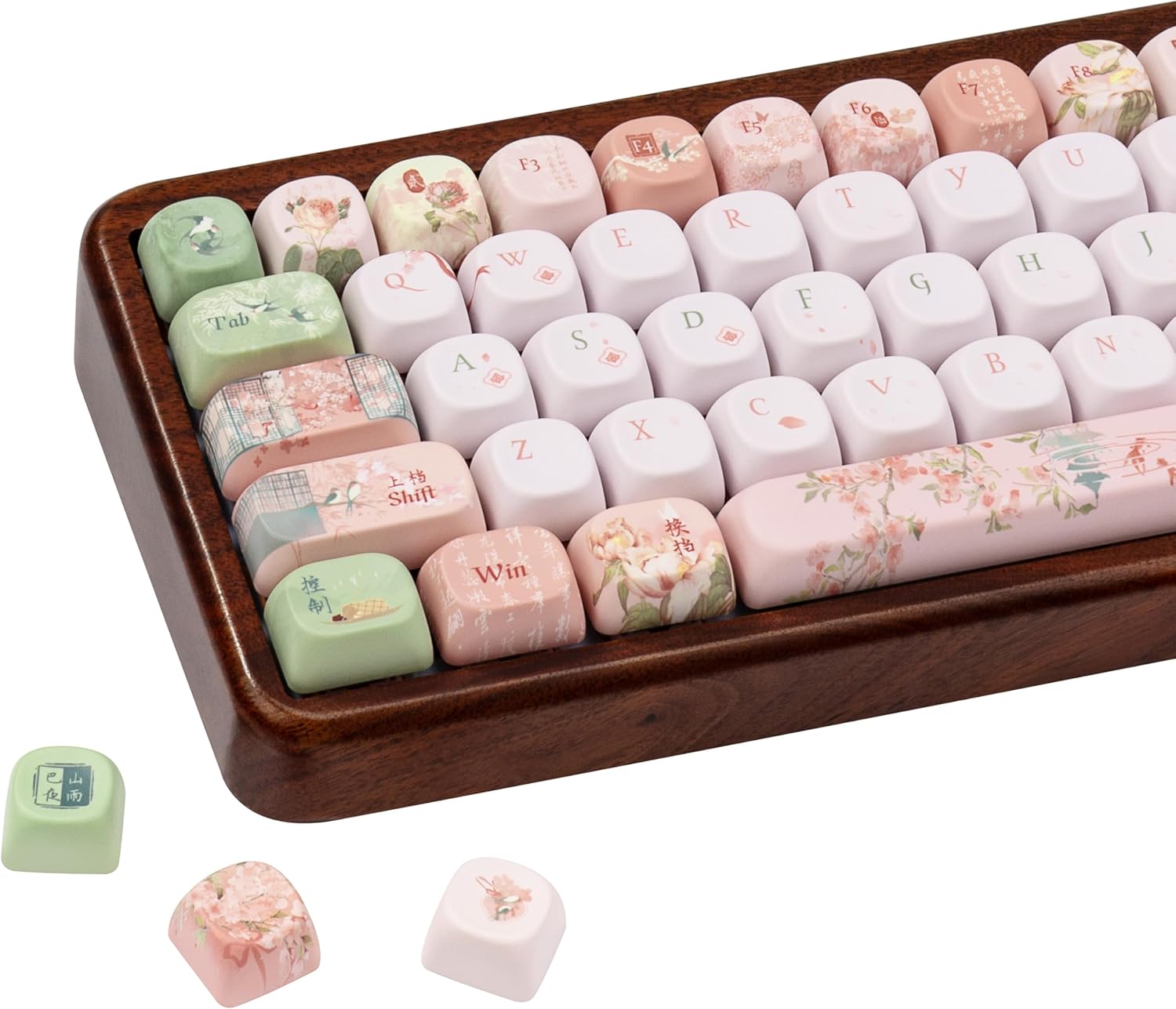 130 Keys Mint Green and Pink PBT Keycaps, Gradient Chinese Style Design, Five Side Dye Sublimation MOA Profile Keycaps for Mechanical Keyboard, Compatible with Cherry MX Gateron Kailh