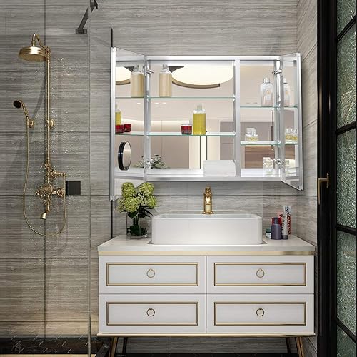 Miniatura 2 de Fundin Espejo de baño, botiquín de aluminio, 30 x 26 pulgadas, borde biselado, sin marco, espejo de doble cara, hueco de puerta o montaje en