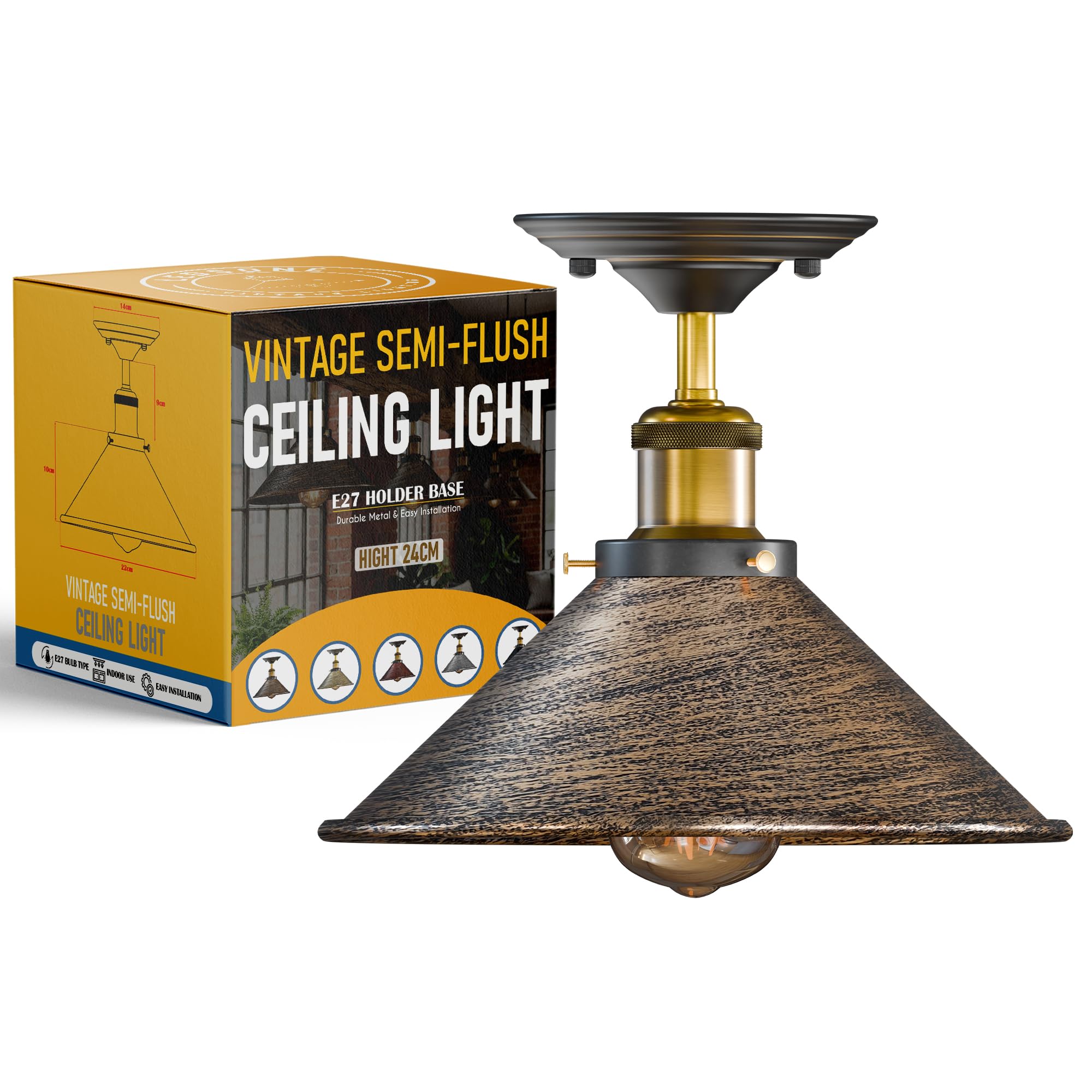 LEDSone Flush Mount Ceiling Lighting Metal E27 Brushed Copper Cone Lampshade No Bulb