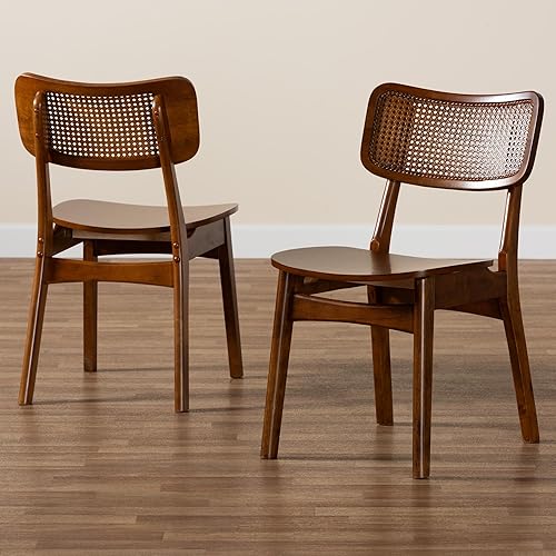 Miniatura 9 de Baxton Studio Tafari Mid-Century - Juego de sillas de comedor de 2 piezas con acabado marrón nogal y ratán