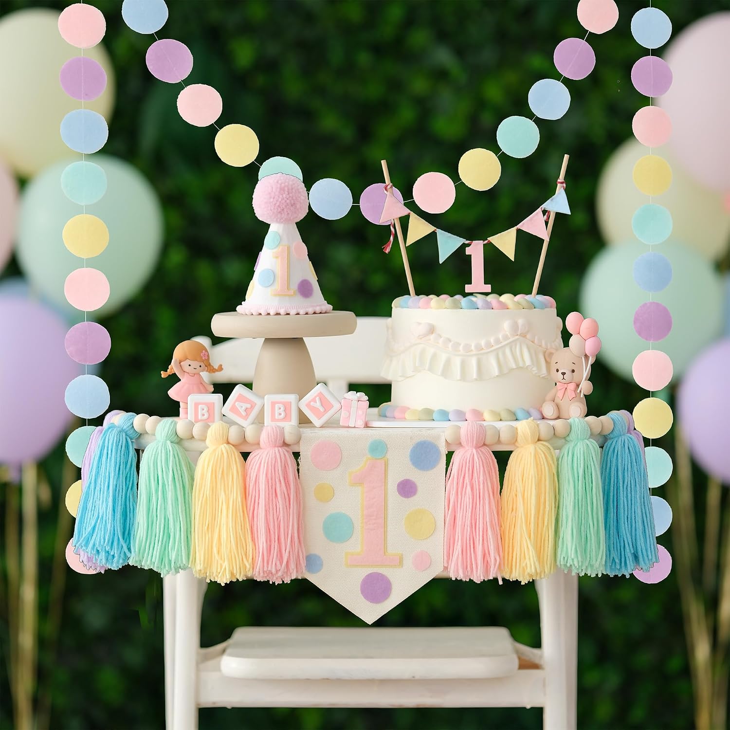 Pastel First Birthday Decorations 1st High Chair Banner Girl Fun To Be One Conical Cap Colourful Macaron Cake Topper for Baby Girl