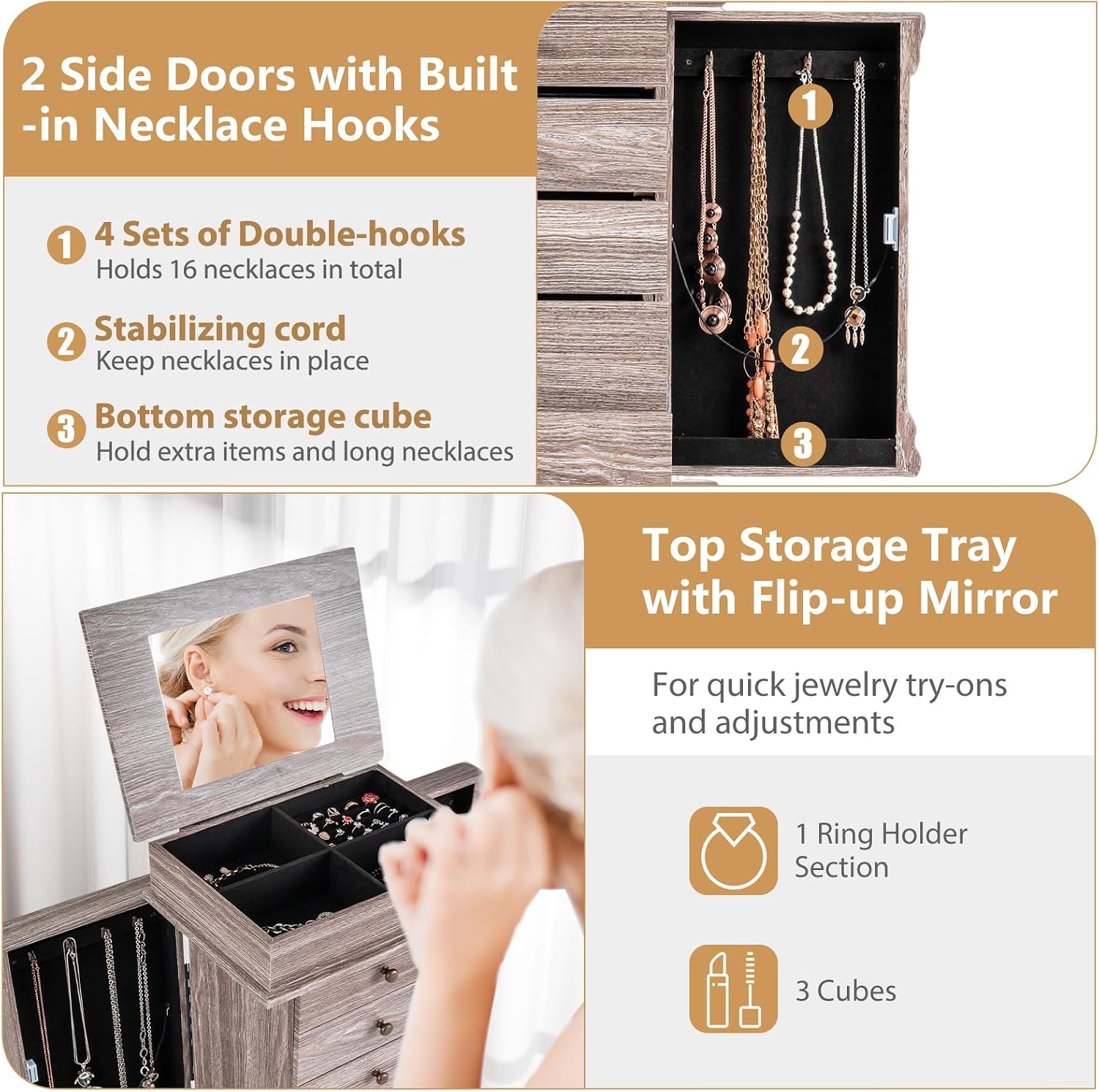 GOFLAME Standing Jewelry Armoire, Jewelry Storage Cabinet with Flip Top Makeup Mirror, 5 Drawers, 2 Side Doors, 8 Necklace Hooks, Solid Wood Legs, Jewelry Cabinet Organizer for Bedroom, Dressing Room