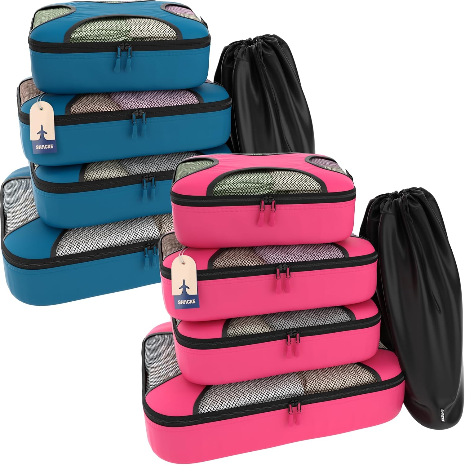 SHACKE | Premium 5 Packing Cubes Set (Precious Pink) & 5 Packing Cubes Set (Gentleman's Blue) | Lightweight Mesh Travel Luggage Organizers with Laundry Bag