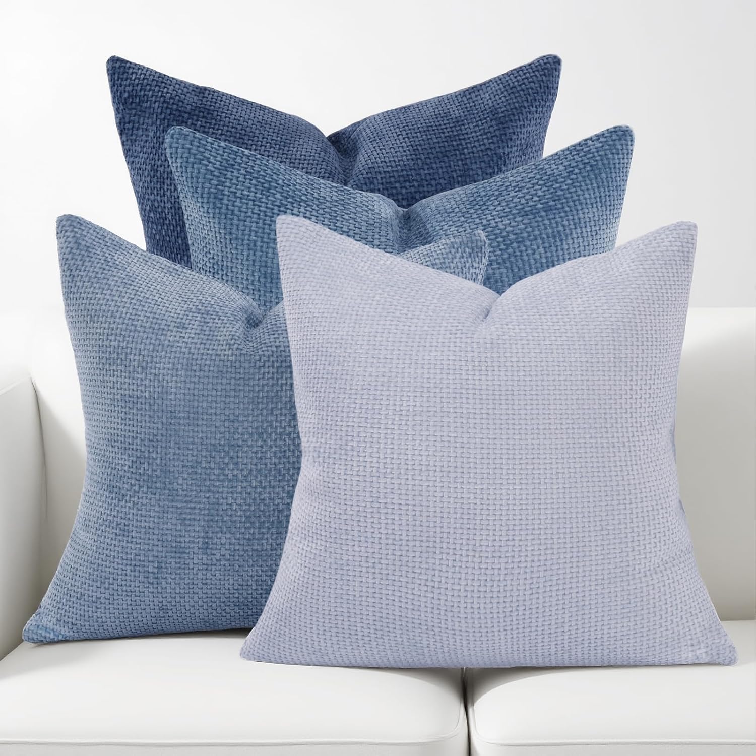 Blue 20x20 Pillow Covers Set of 4, Boho Soft Chenille Throw Pillow Cases, Solid Textured Square Cushion Cases for Sofa Living Room Bedroom Farmhouse Home Decor (Neutral Set)