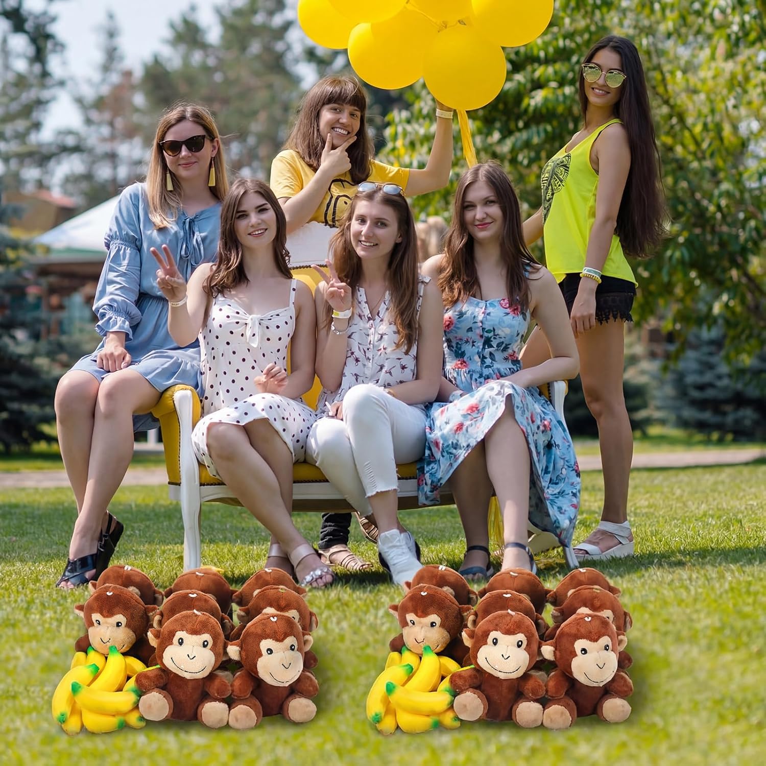 48 Pcs Adopt a Curious Monkey Plush Party Supplies Includes 12 Mini Monkeys, 12 Bananas, 12 Kraft Paper Boxes, 12 Thanks Stickers for Adopt a Pet Theme Birthday Party Favors