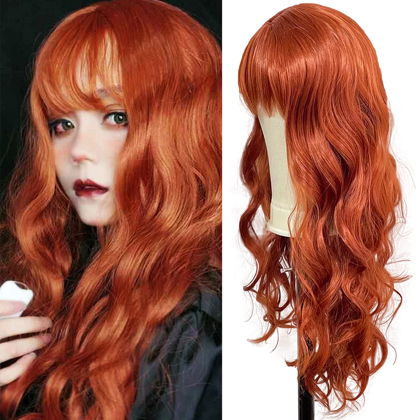 Ginger Orange Loose Wave Hair Replacement Wigs with Bangs Natural Heat Resistant Synthetic Wigs for Fashion Women(Ginger Orange, 22 inch)