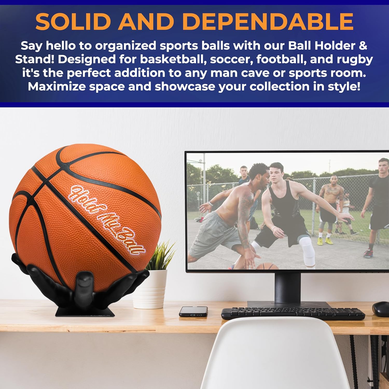 Large Hand-Sculptured Ball Holder & Stand - Versatile Rack for Basketball, Soccer, or Volleyballs - Durable Sports Display Organizer, Basketball Room Decor, Non-Slip Table Stand for Man Cave & More